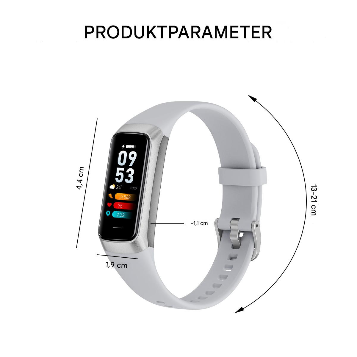 Eine graue Smartwatch mit Abmessungen. Das Zifferblatt zeigt Zeit und Statistiken.