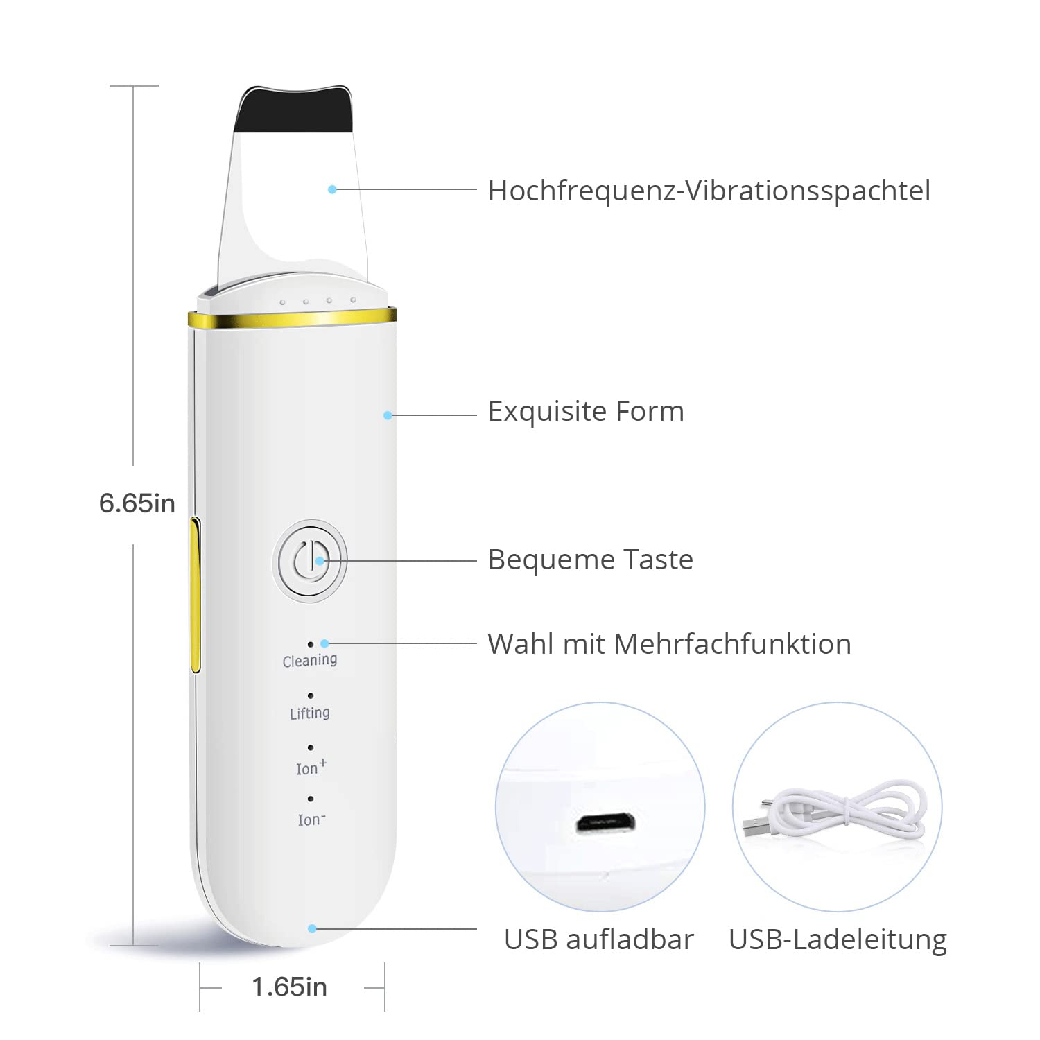 Ein weißer Gesichts-Hautschaber mit Beschriftungen, einem USB-Anschluss und einem Ladekabel, mit Maßen.