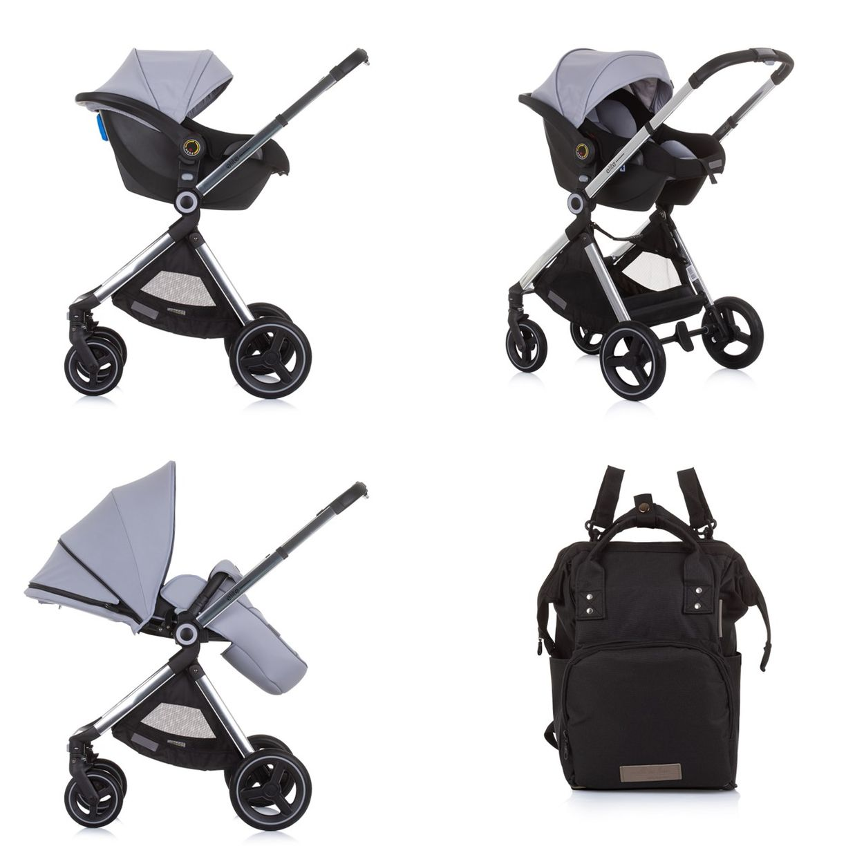 Ein Set aus grauem Kinderwagen und Autositz, zusammen mit einer schwarzen Wickeltasche, vor weißem Hintergrund.