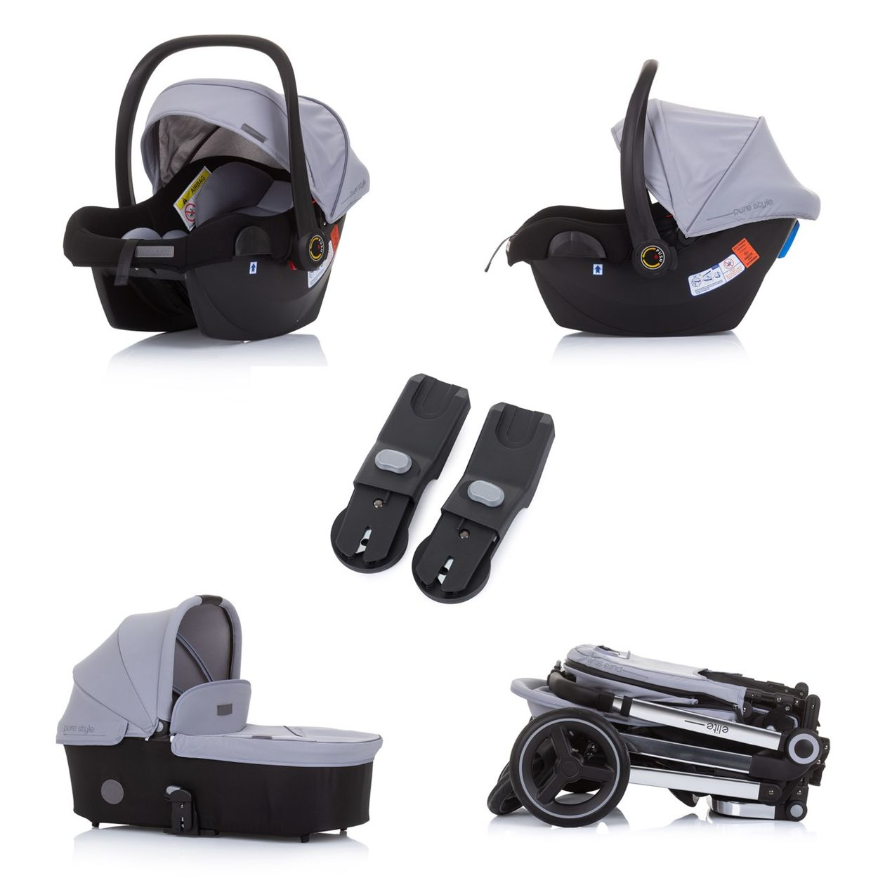 Babysitz-Set mit Autositz, Kinderwagen und Adaptern. Das Set befindet sich auf weißem Hintergrund.
