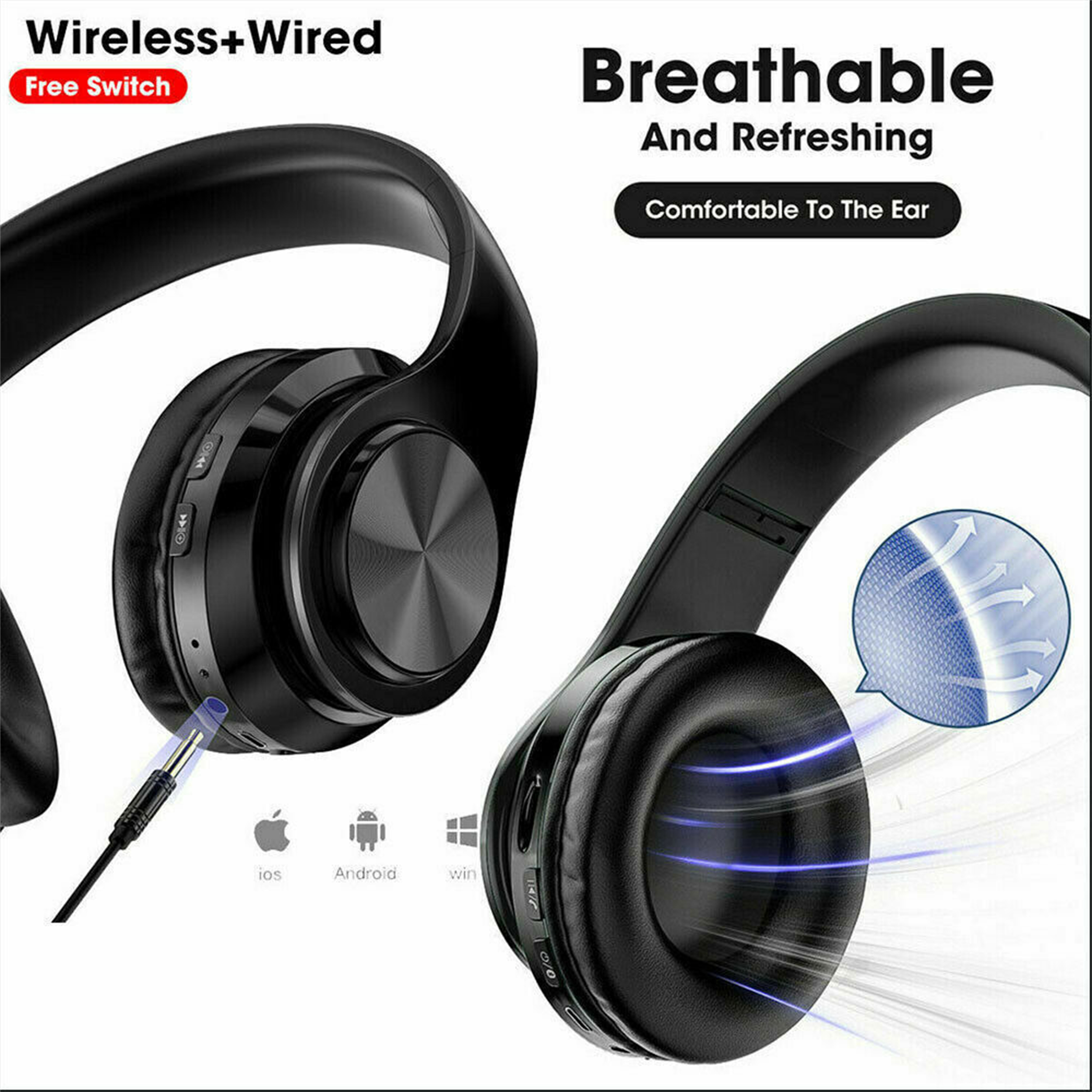 Schwarze Kopfhörer mit eingestecktem Kabel. Der Text lautet Wireless+Wired und Breathable and Refreshing.