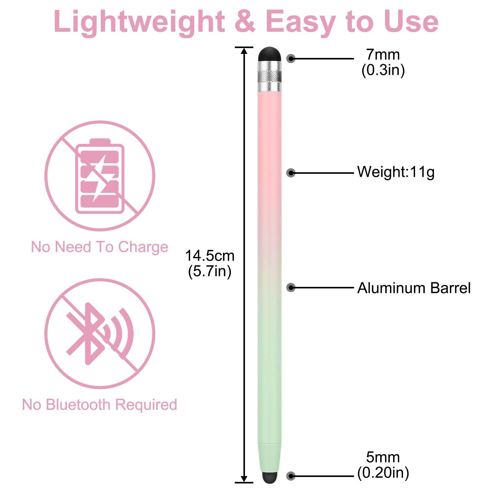 Ein Stift mit einem Farbverlauf in Rosa und Grün. Er hat eine 7-mm- und 5-mm-Spitze und muss nicht geladen werden.