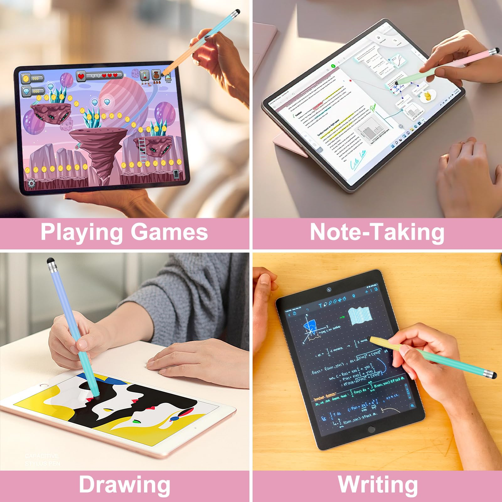 Vier Bilder von Personen, die Tablets benutzen. Spielen, Notizen machen, zeichnen und mit Stiften schreiben.