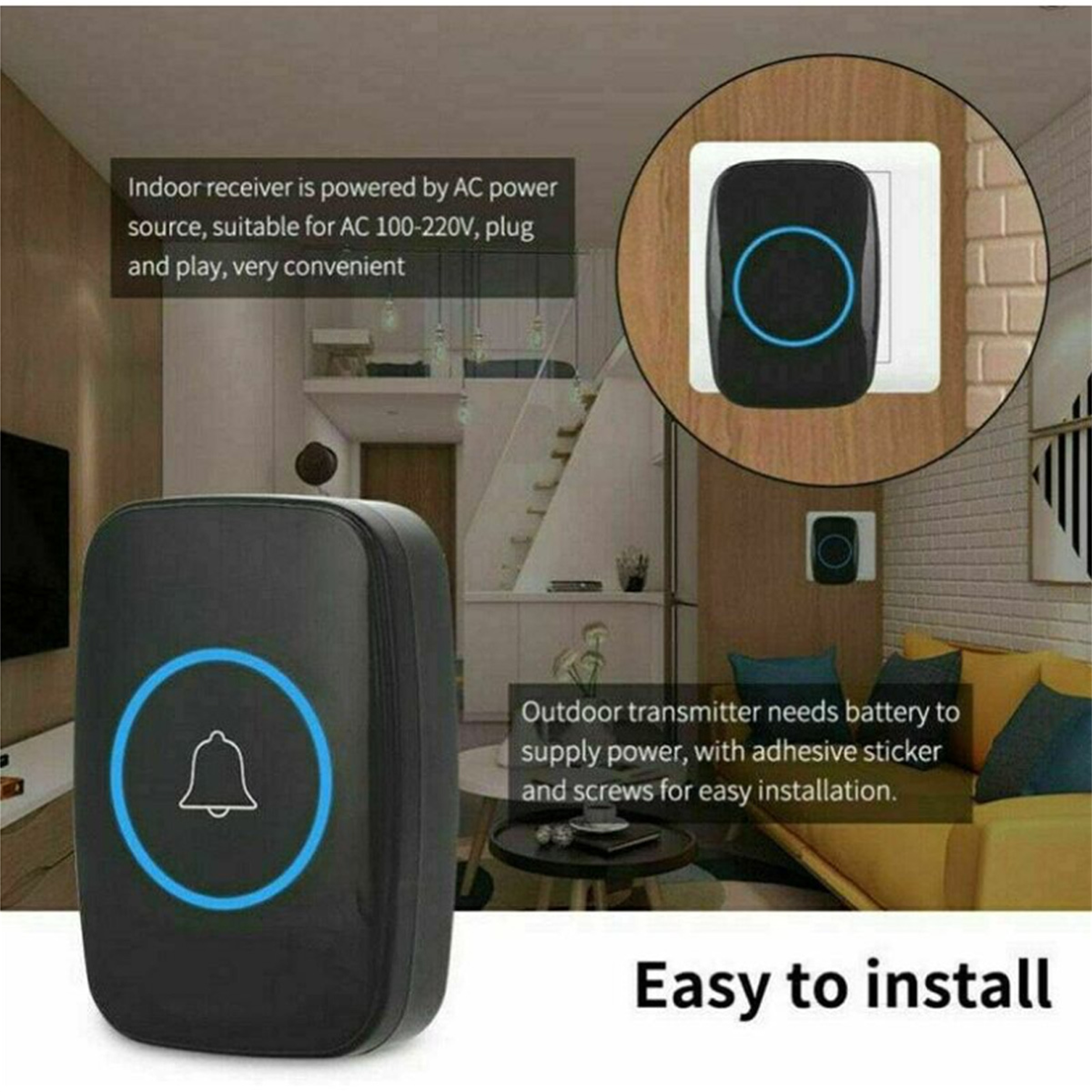 Nahaufnahmen einer Türklingel mit Funktionen wie Plug-and-Play und einfacher Installation.