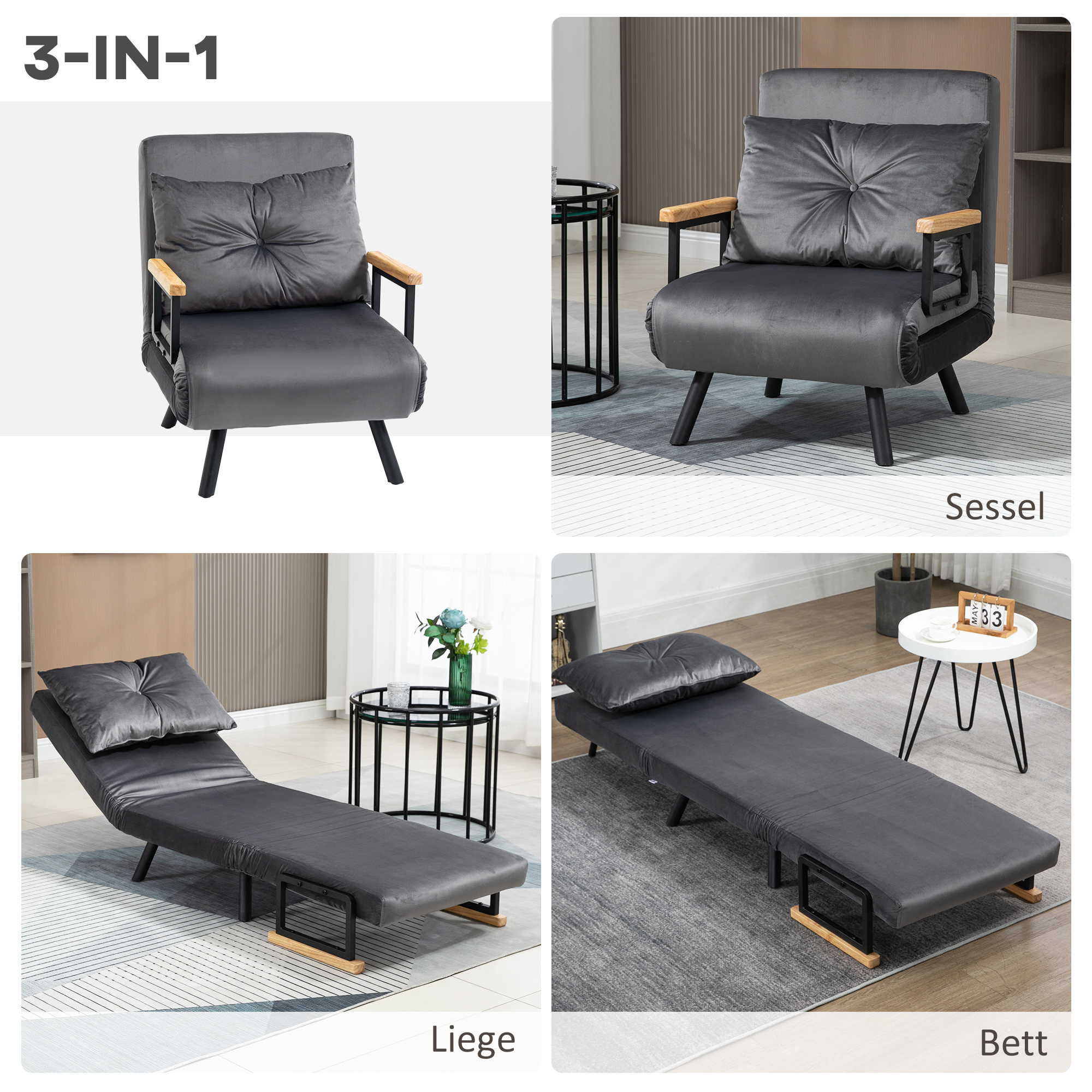 Drei-in-Eins-Möbel: Sessel, Liege und Bett.