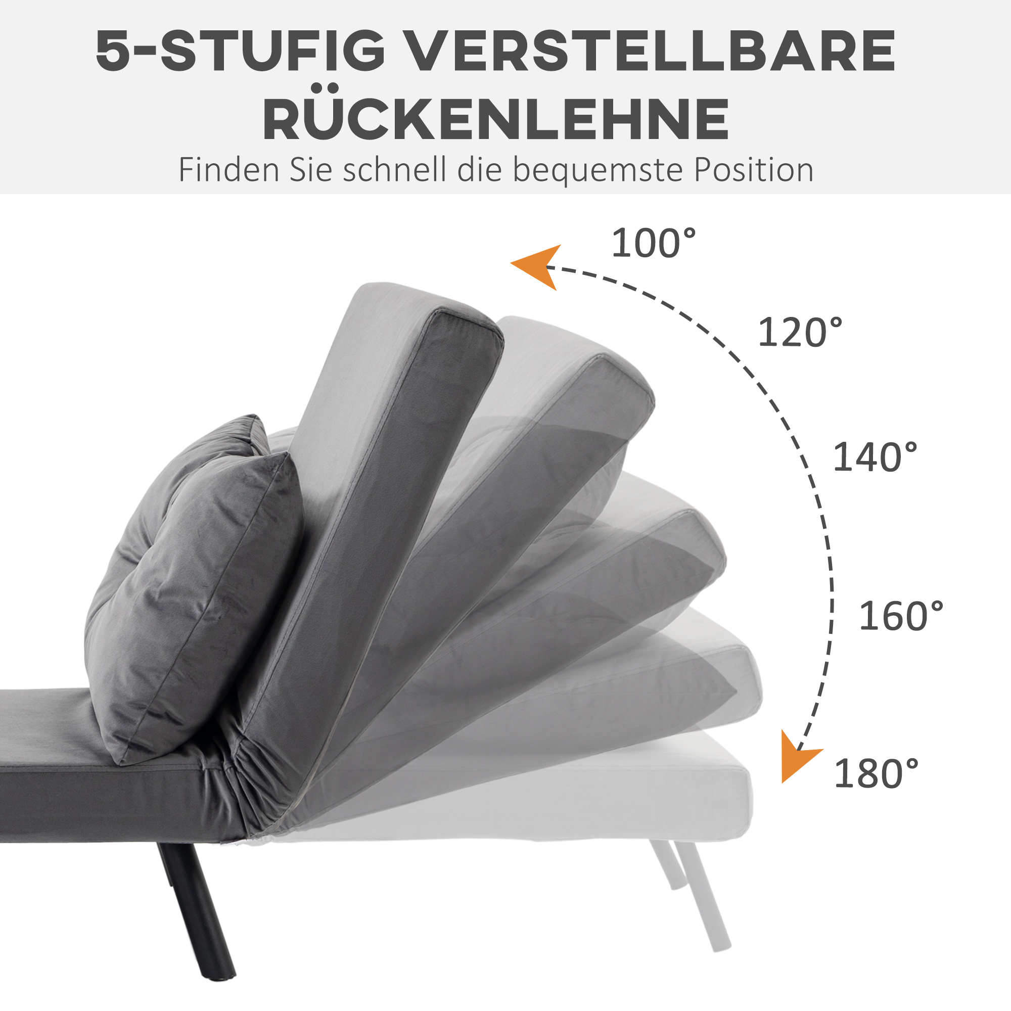 Graues Sofa. Zeigt die Rückenlehne, die sich von 100 auf 180 Grad einstellt. Weißer Hintergrund.