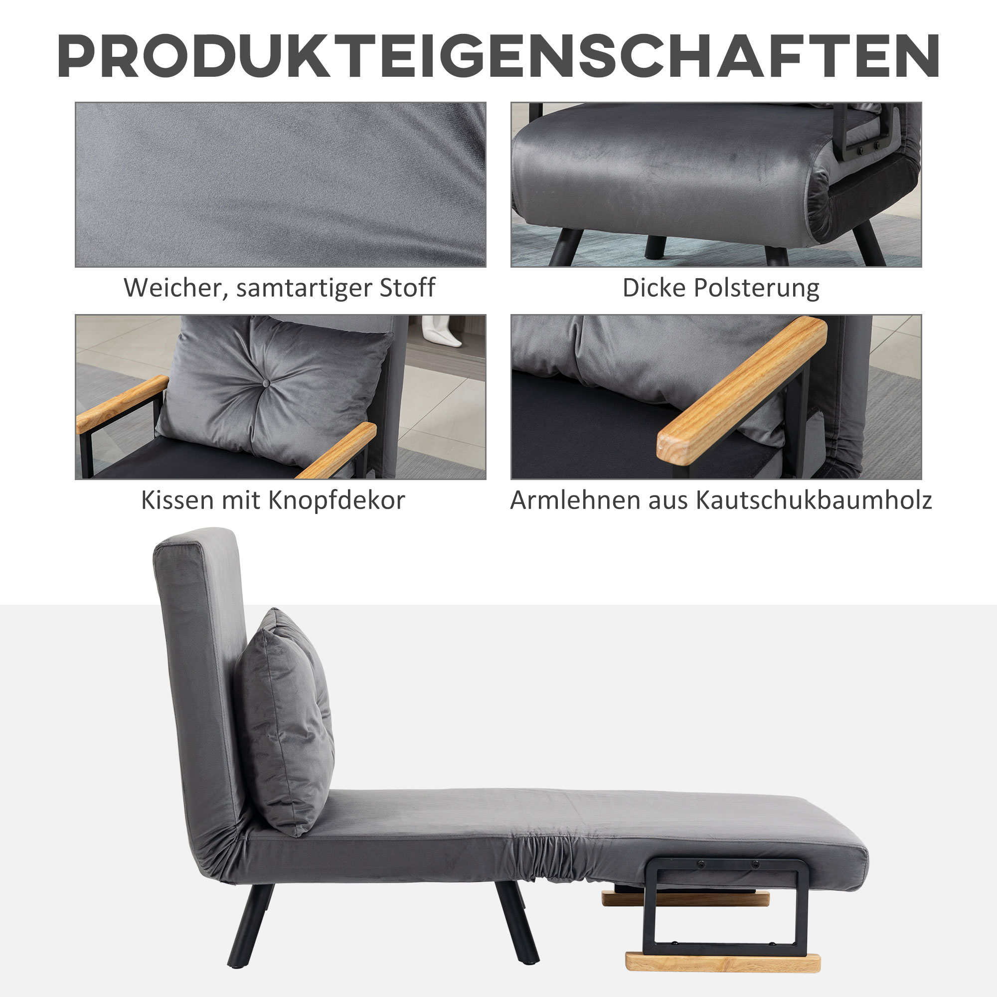 Graues Sofa. Nahaufnahmen von Stoff, Kissen und Armlehnen. Schwarze Beine, helle Holzverkleidung.