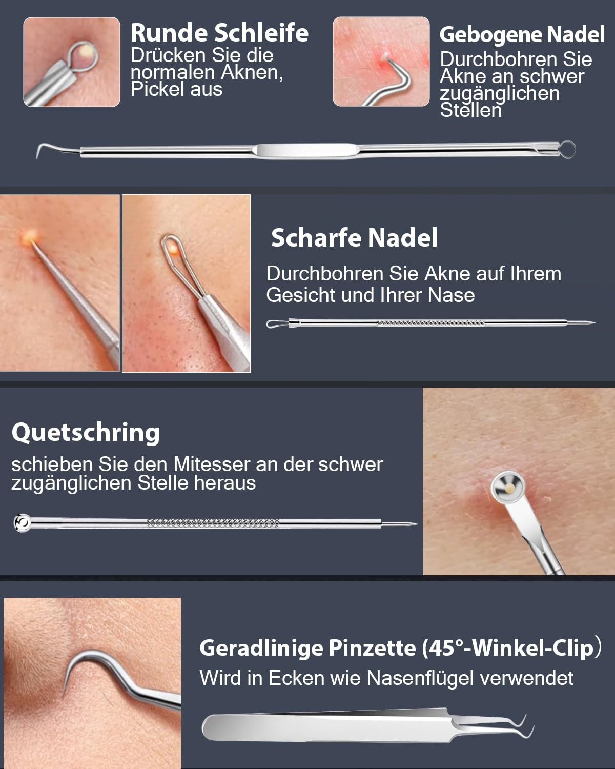Werkzeuge für Gesicht und Nase. Enthält Pinzette, Schleife, Nadel. Zeigt die Anwendung auf der Haut.