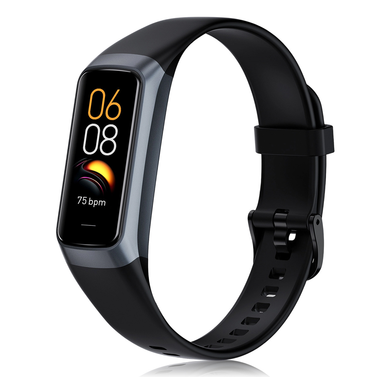 Schwarzer Fitnesstracker mit Bildschirm, der 06/08 und 75 bpm anzeigt, auf weißem Hintergrund.