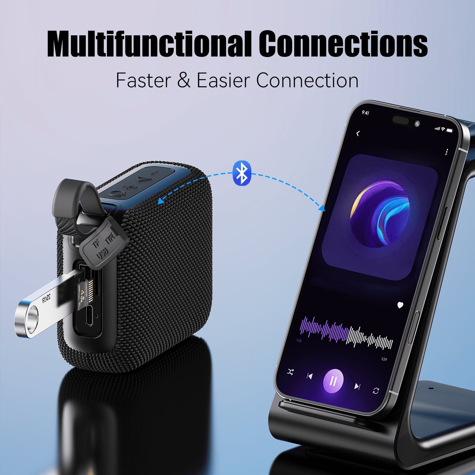 Schwarzer Lautsprecher, der über Bluetooth mit einem Handy verbunden ist.