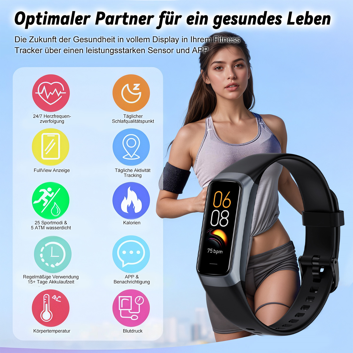 Fitness-Tracker am Handgelenk einer Frau mit verschiedenen Gesundheits-Icons.