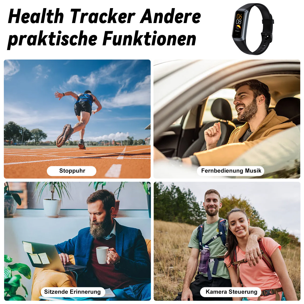 Gesundheitstracker mit verschiedenen Anwendungen: Stoppuhr, Musiksteuerung und mehr.