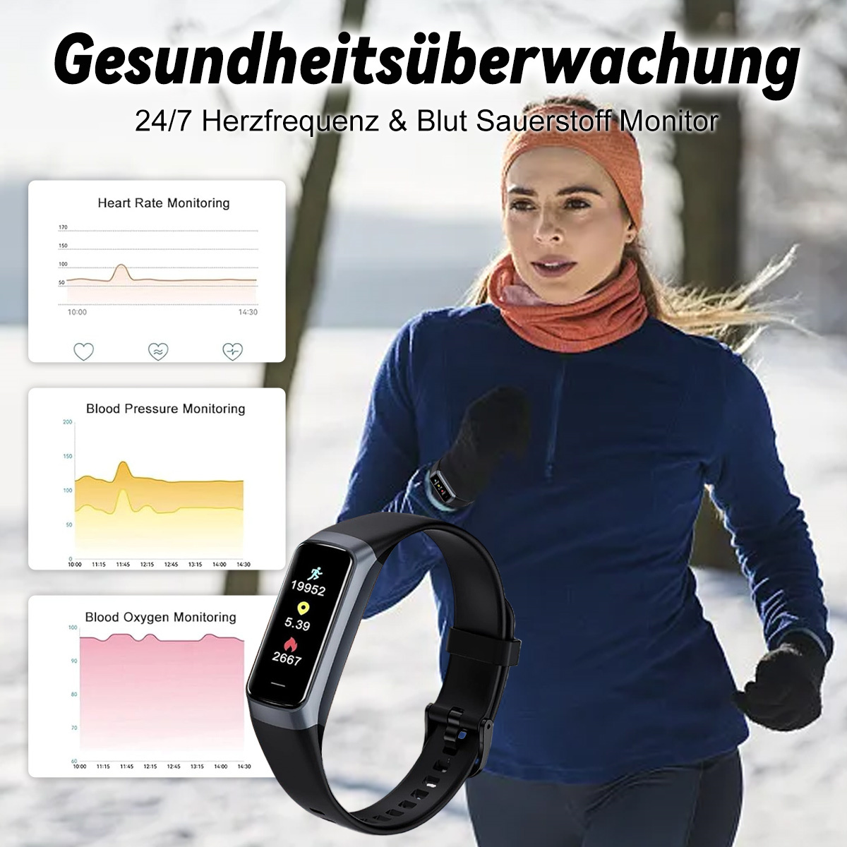 Joggende Frau mit Fitnesstracker. Zeigt Herzfrequenz-, Blutdruck- und Blutsauerstoff-Überwachungsgrafiken.