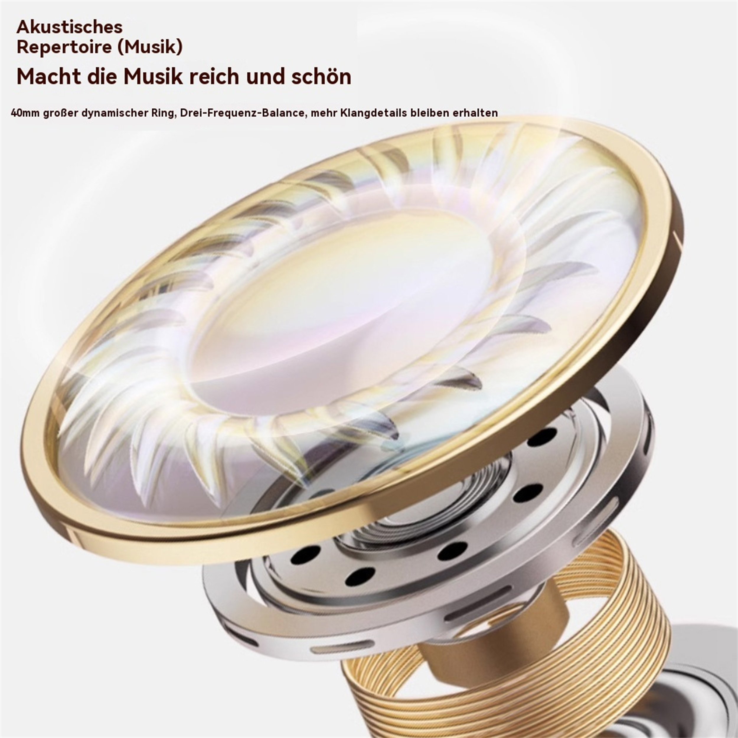 Explosionsansicht der internen Komponenten eines Lautsprechers, die das Design des Lautsprechers zeigt.