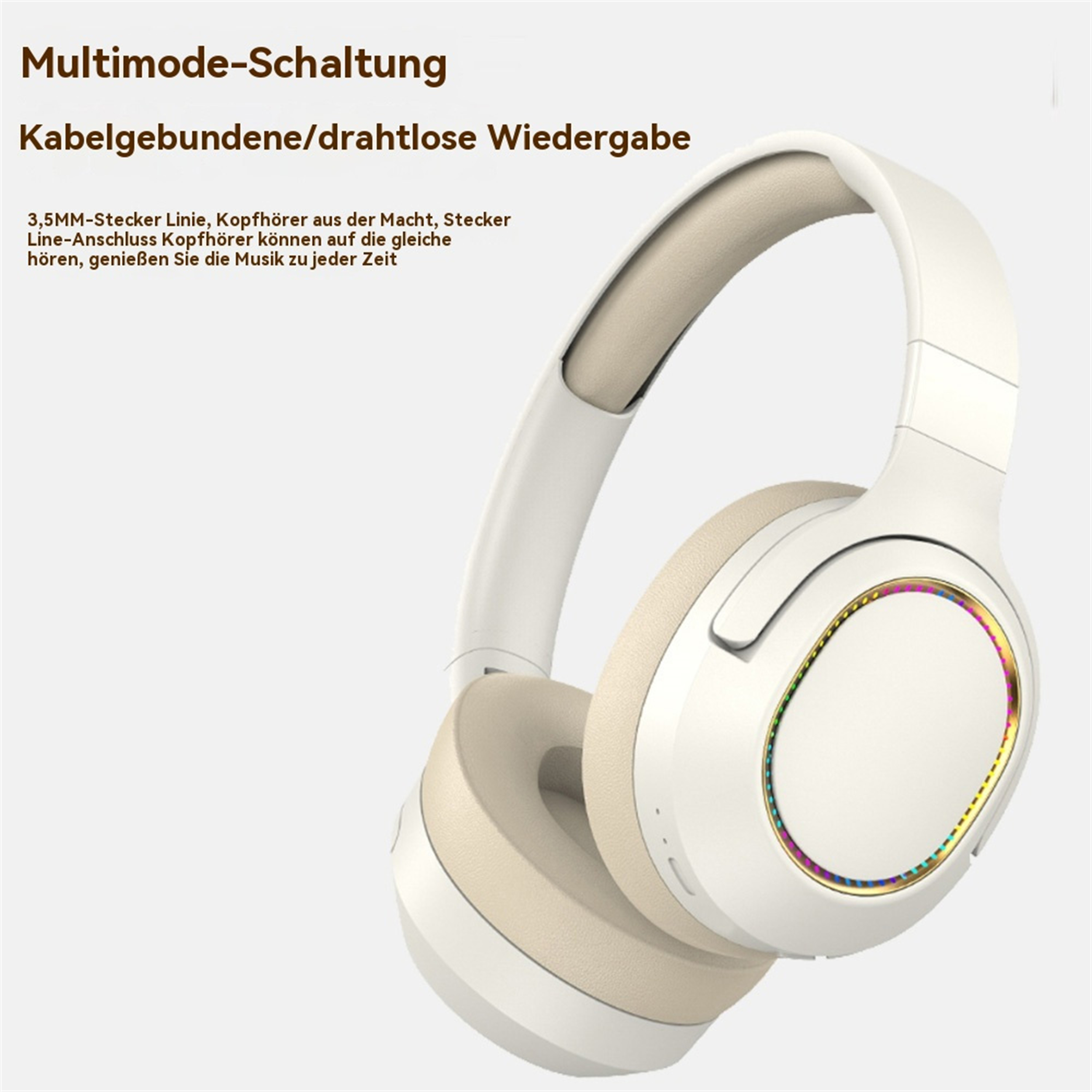 Weiße Kopfhörer mit beigen Akzenten. Die Kopfhörer haben ein modernes Design mit farbigen Akzenten um die Ohrmuscheln.