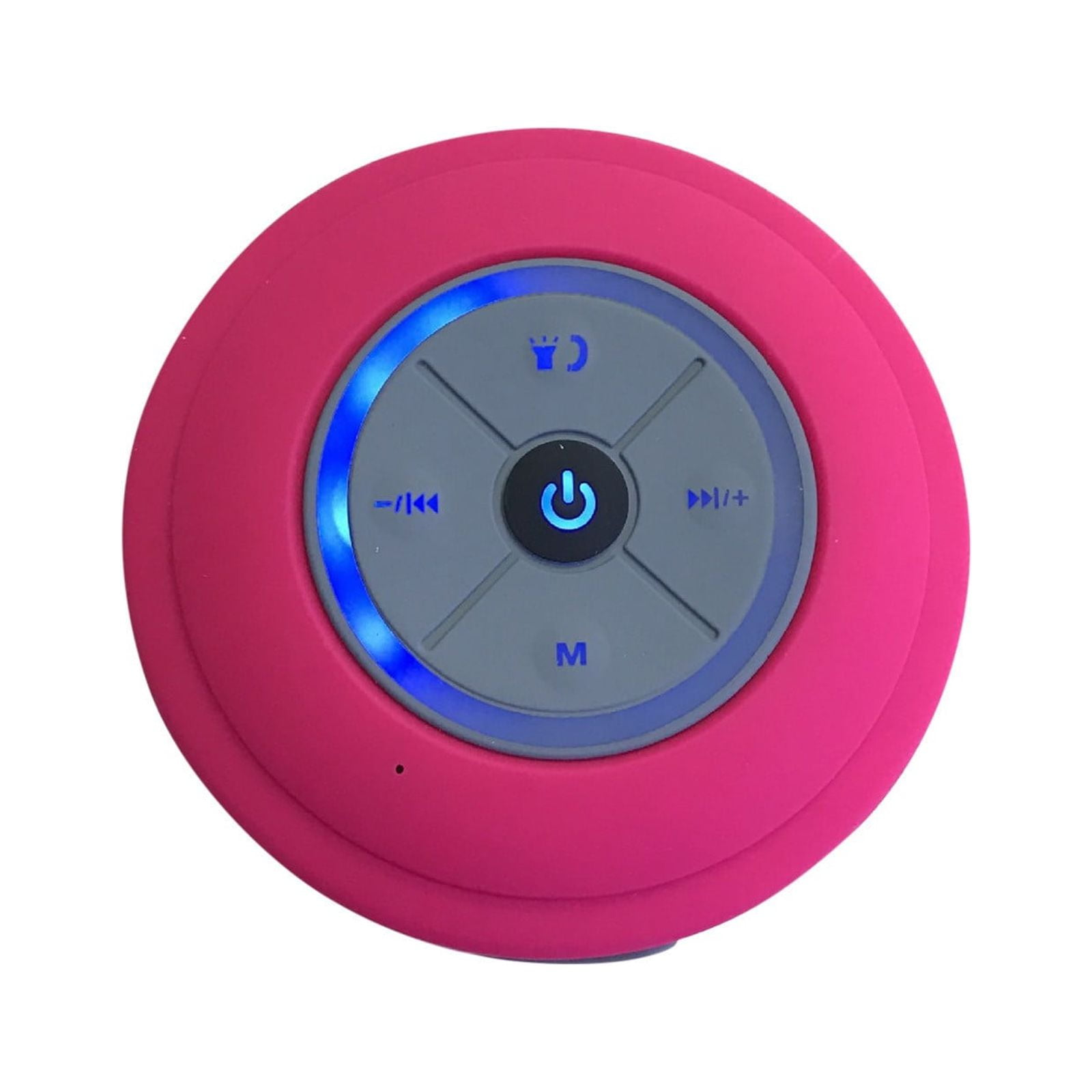 Ein rosa, runder Lautsprecher mit Steuertasten und blauem Licht. Er ist wasserfest.
