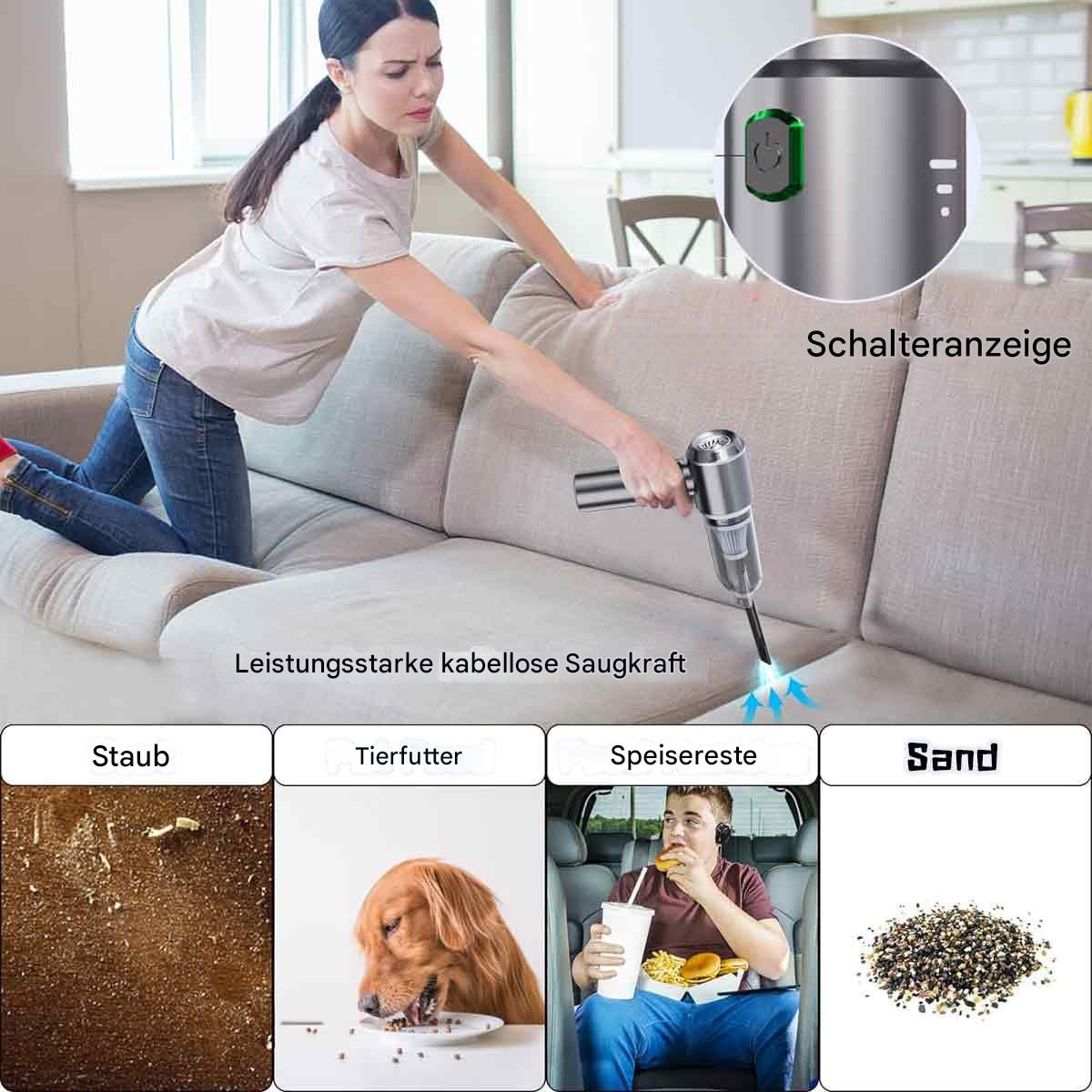 Frau, die ein Sofa saugt. Zeigt Staub, Tierfutter, Essensreste und Sandbeispiele.
