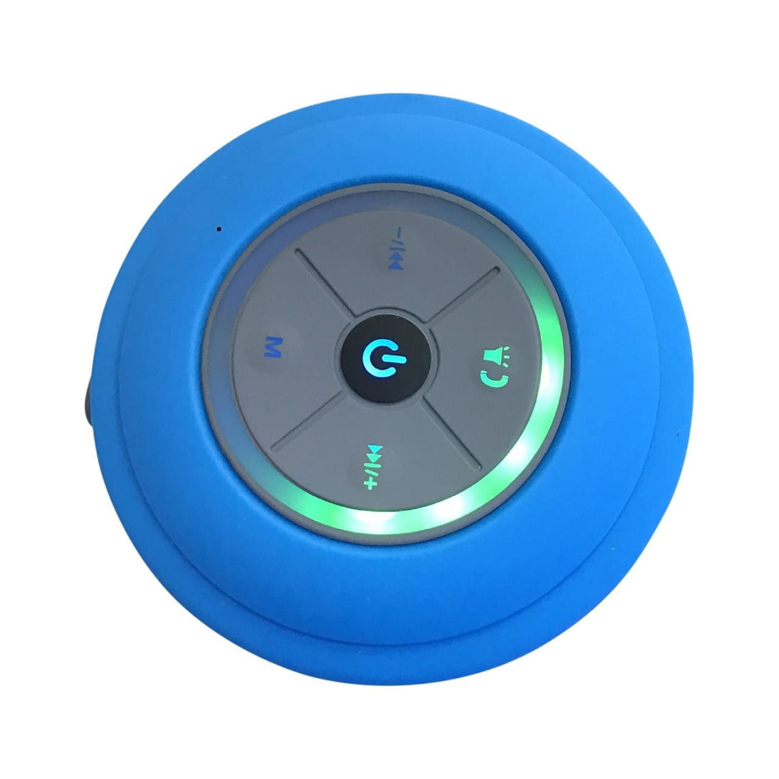 Runder, blauer, wasserdichter Bluetooth-Lautsprecher mit Tasten für Strom, Lautstärke und Wiedergabe, umgeben von einem Licht.