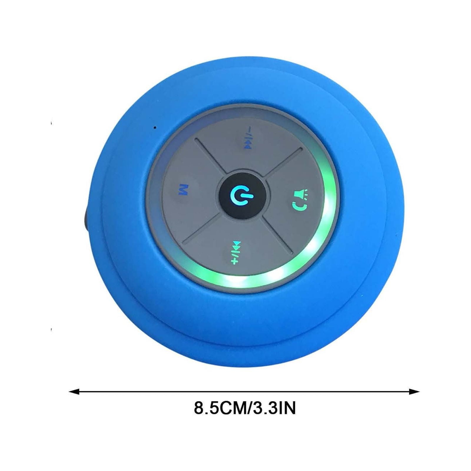 Runder, blauer, wasserdichter Bluetooth-Lautsprecher mit Tasten, mit einer Messung von 8,5 cm / 3,3 Zoll.