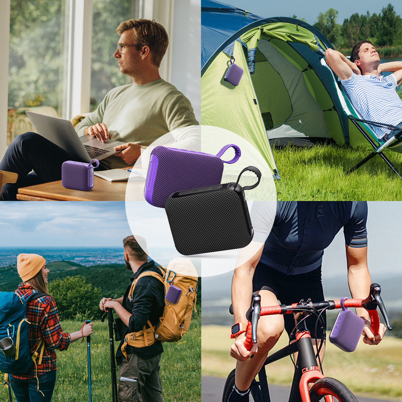 Verschiedene Szenen mit Menschen, die lila und schwarze Lautsprecher verwenden: Arbeiten, Campen, Wandern, Radfahren.