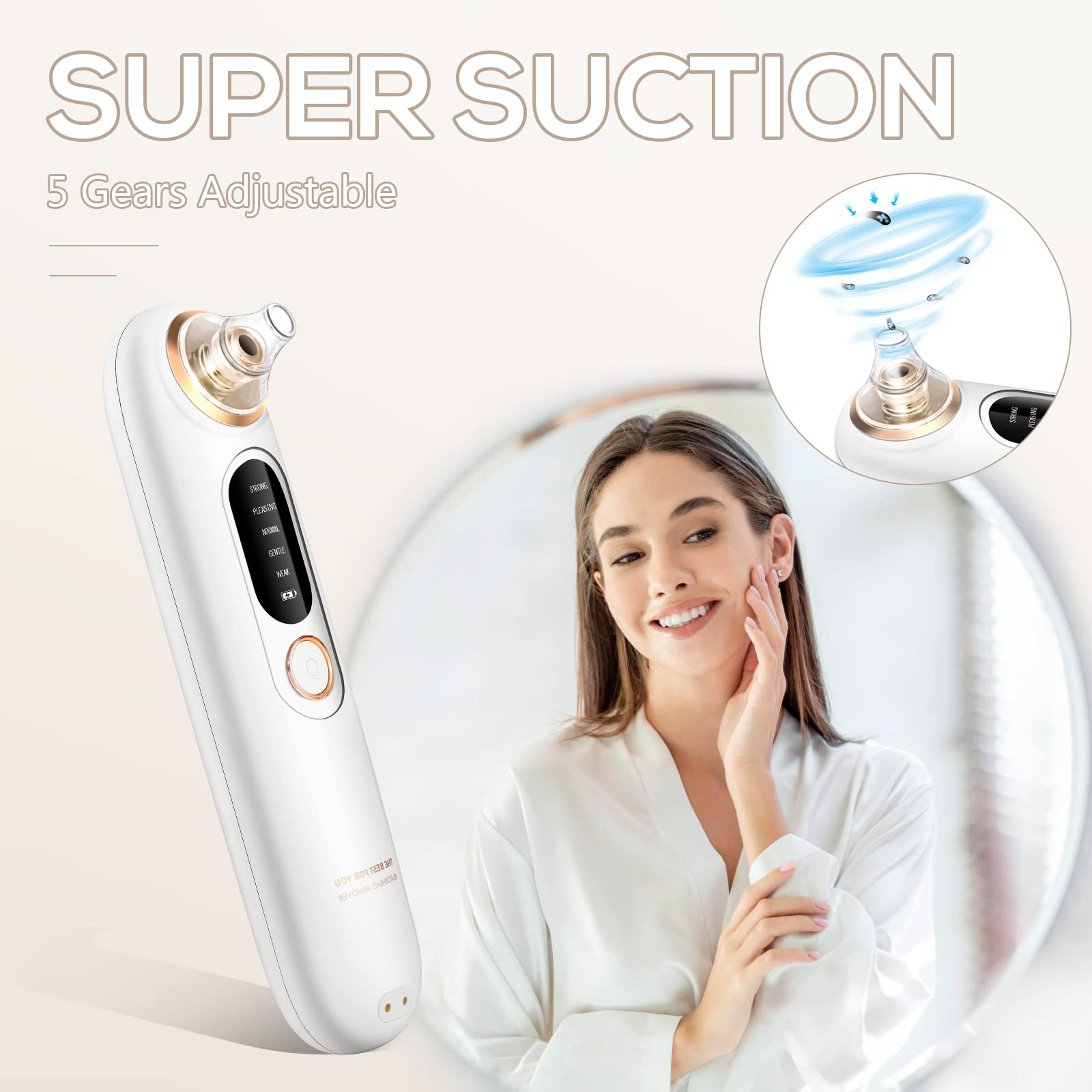 Frau mit weißem Sauggerät im Gesicht. Text: Super Suction. 5 Gänge einstellbar. Spiegel im Hintergrund.