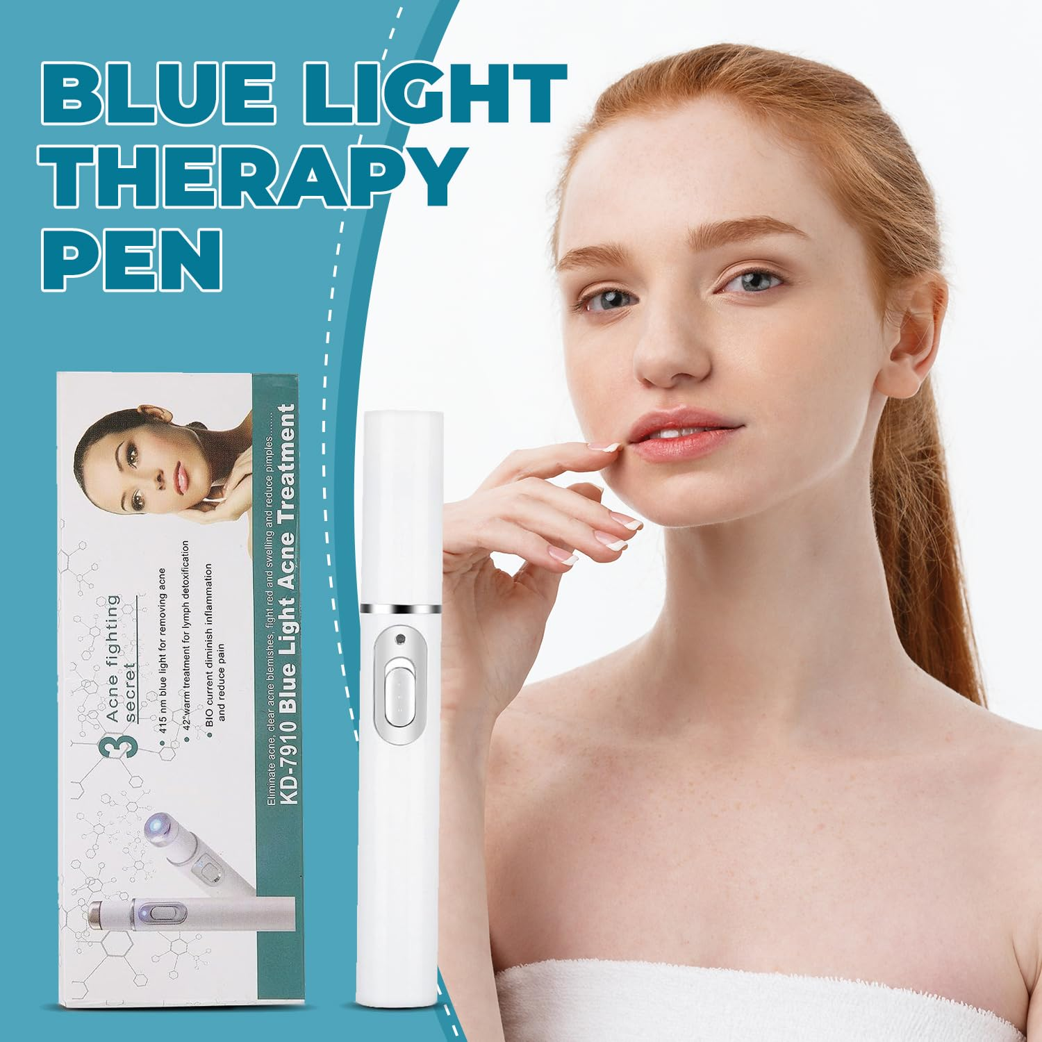 Frau hält einen weißen Stift. Es steht Blue Light Therapy Pen. Es hat ein Frauen-Gesicht an der Seite.