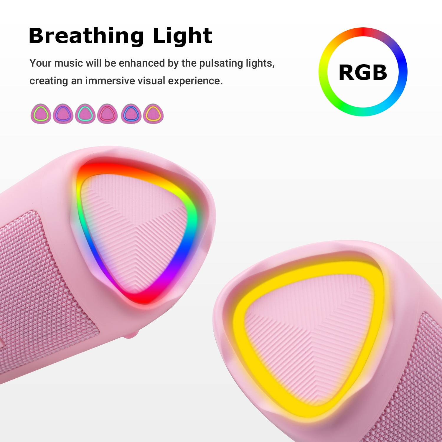 Rosa Lautsprecher mit RGB-Lichtern an den Rändern. Das Bild zeigt Lautsprecher mit dem Wort 'RGB'.