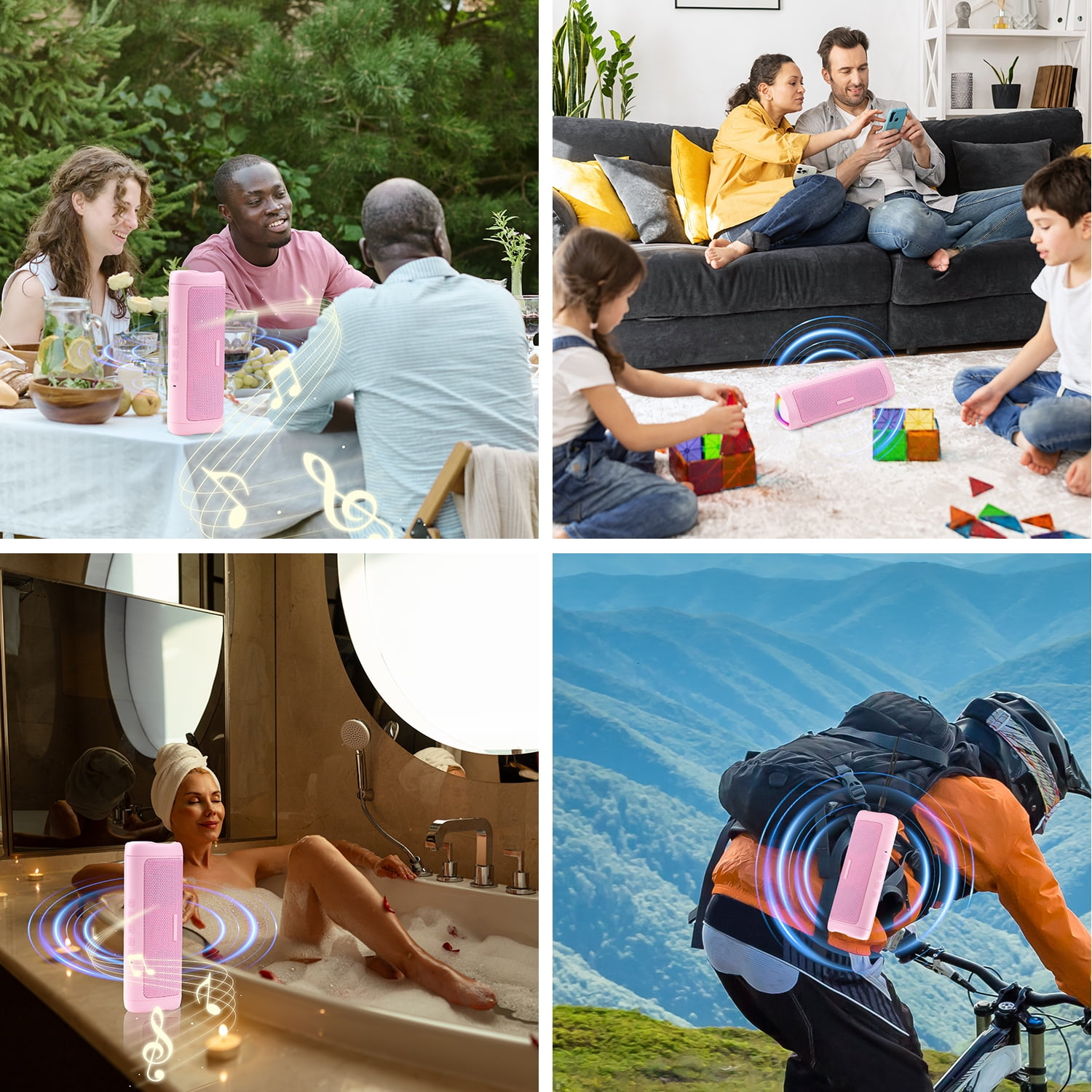 Montage von Szenen mit einem rosa Lautsprecher: Outdoor-Treffen, Familienspiel, Frau im Bad, Radfahrer.