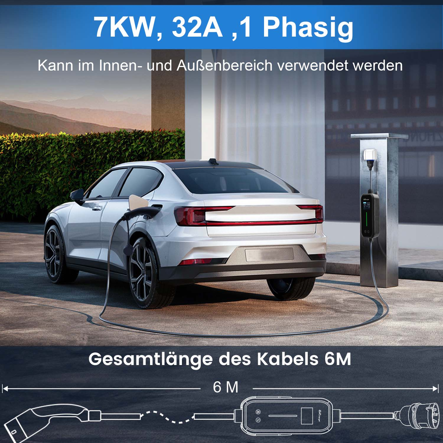 Samochód elektryczny ładujący się ładowarką 7KW podłączoną do źródła zasilania, z kablem o długości 6 metrów.