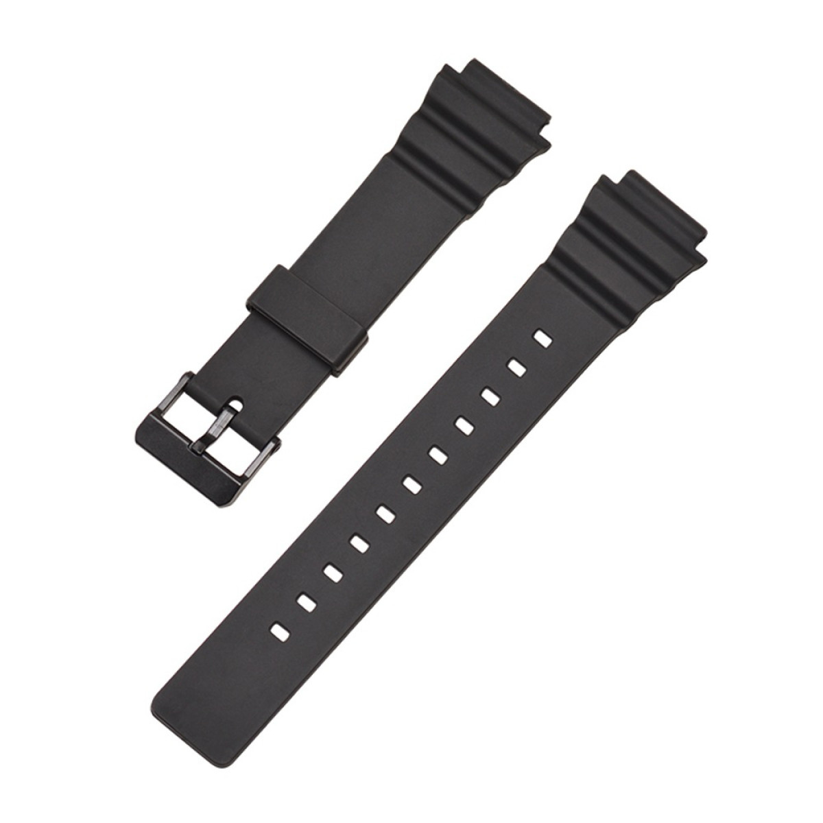 Zwei schwarze Uhrenarmbänder. Eines hat eine Schnalle, das andere Löcher für den Schnallenstift.