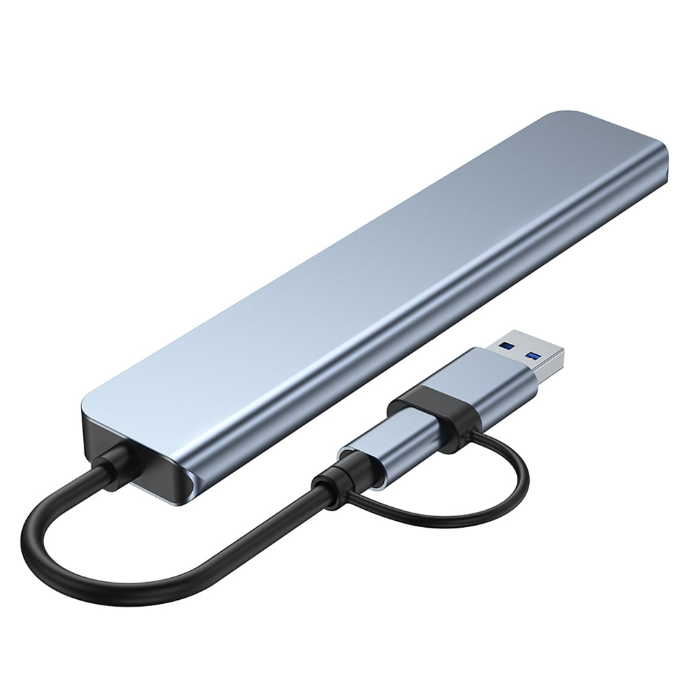 Ein silberner USB-Hub mit mehreren Anschlüssen und einem USB-Kabel. Der Hub hat ein schlankes, rechteckiges Design.