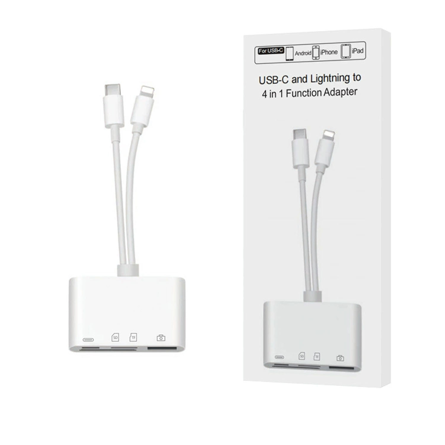 Weißer Adapter mit USB-C- und Lightning-Anschlüssen für Datenübertragung von Telefon/Tablet.