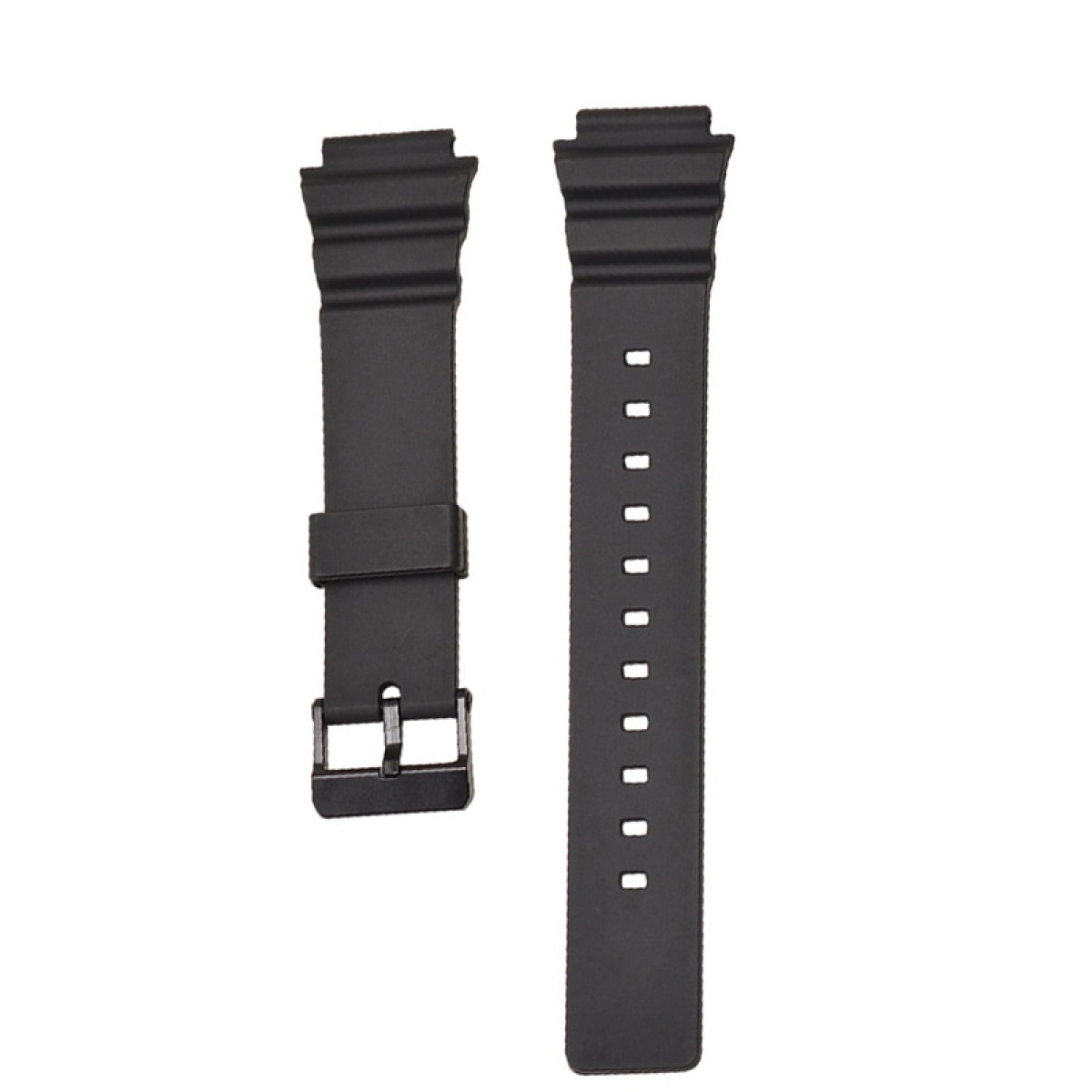 Zwei schwarze Uhrenarmbänder, eines mit Schnalle, eines mit Löchern für den Schnallenstift.