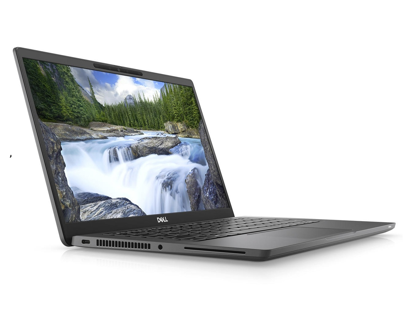 Dell Laptop, Profilansicht, Bildschirm zeigt eine Wasserfallszene.