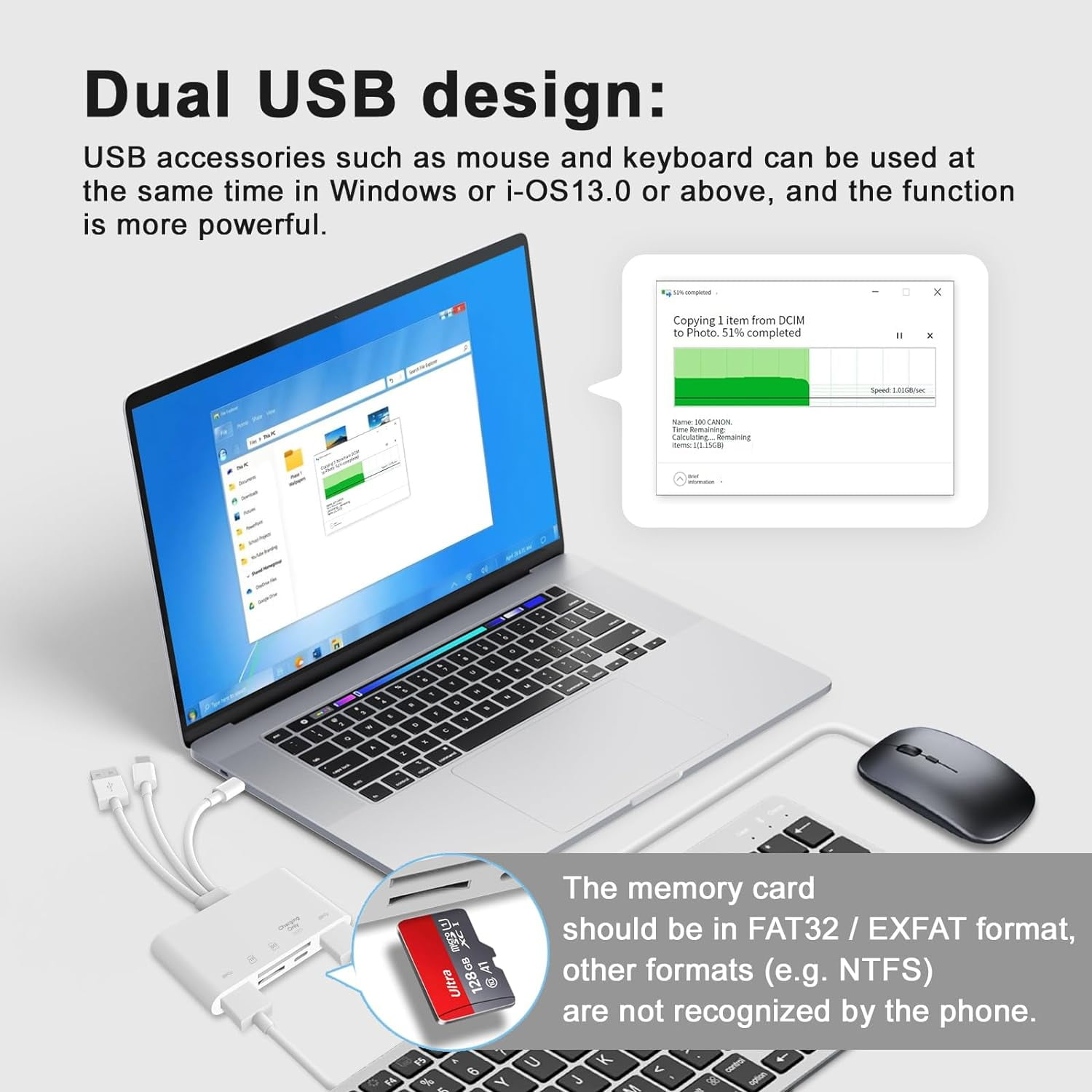 Laptop mit mehreren Anschlüssen, die an einen Speicherkartenleser und ein Telefon angeschlossen sind. Der Bildschirm zeigt eine Dateiübertragung.
