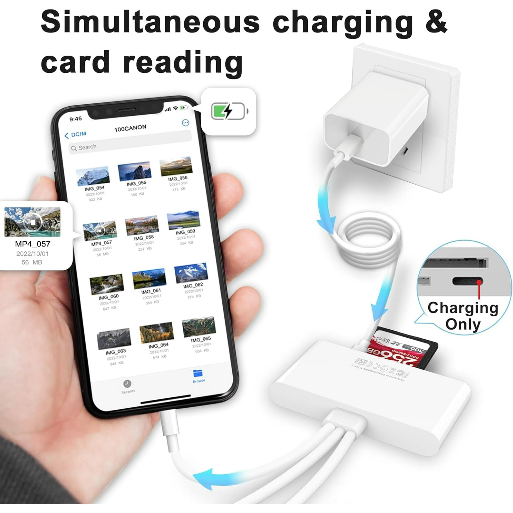 Ein Telefon, das Fotos anzeigt, ist mit einem Ladehub und einer Steckdose verbunden. Telefon und Hub haben Kabel.