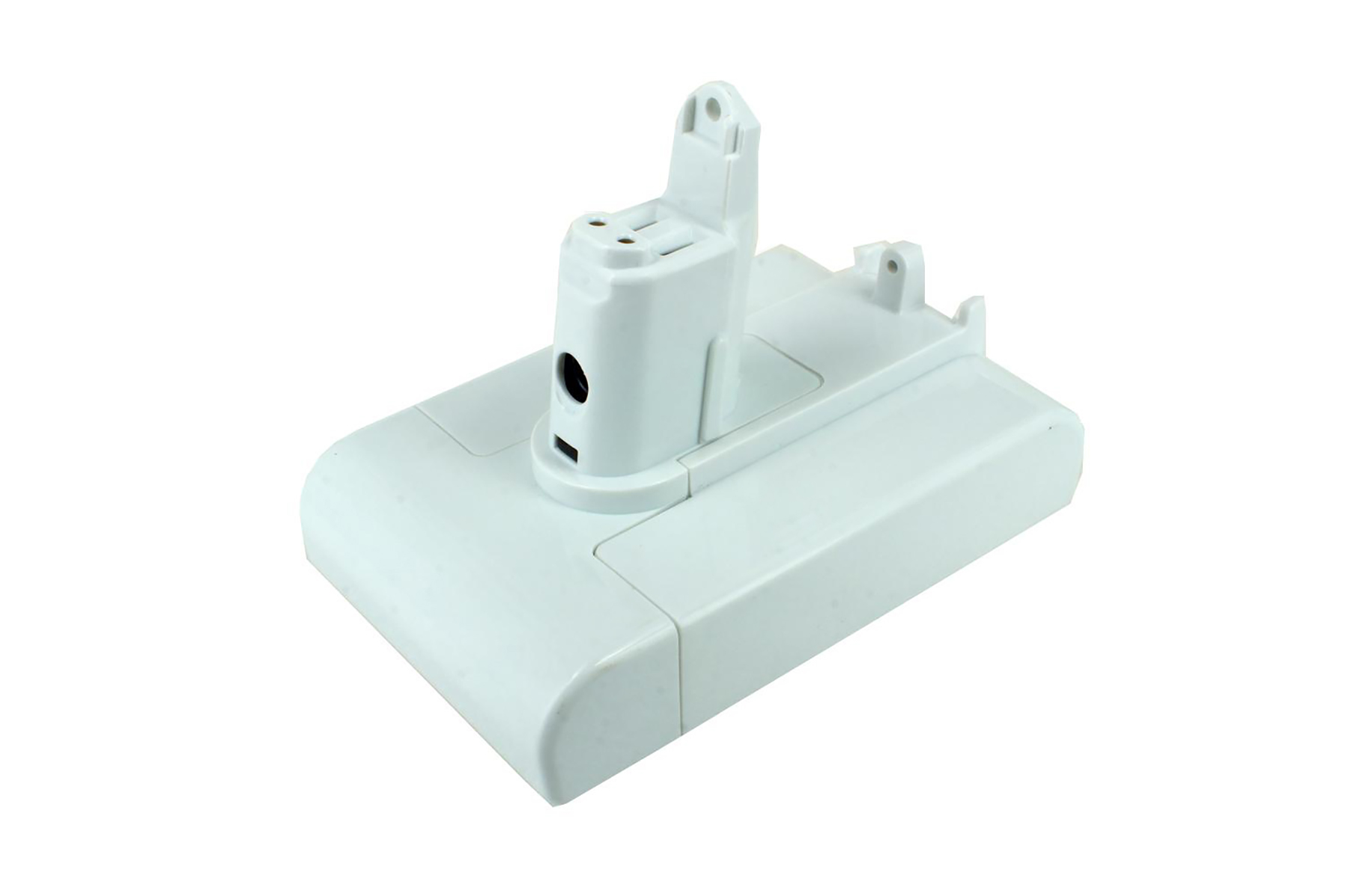 Batteria bianca per aspirapolvere. È un oggetto rettangolare in plastica con una parte cilindrica.