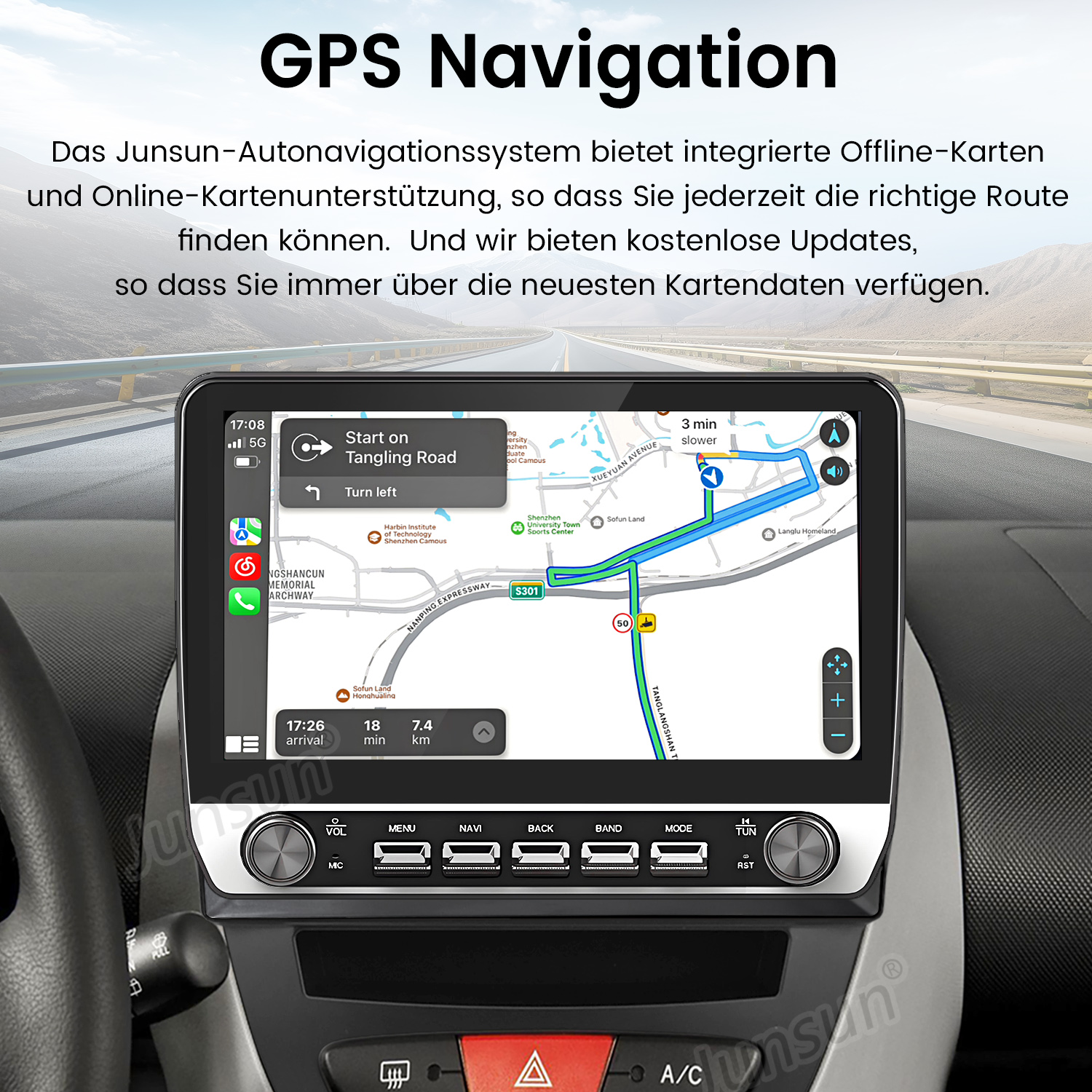 Auto-Navigationsbildschirm, der eine Karte mit Wegbeschreibungen anzeigt. Knöpfe und Bedienelemente. Weißer Hintergrund.