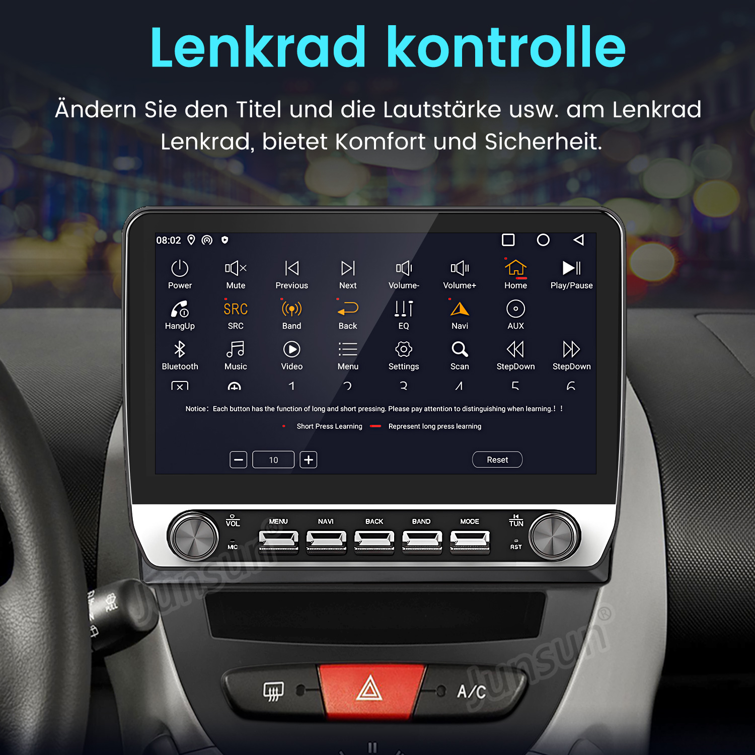 Autoradio-Schnittstelle mit Knöpfen, Bildschirm mit Einstellungen und dem Armaturenbrett des Autos.