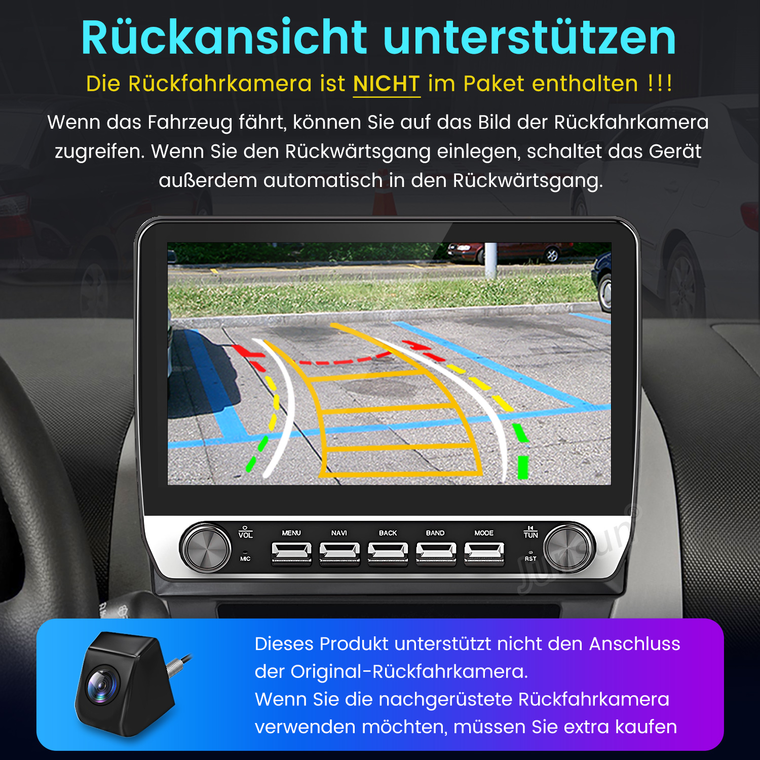 Auto-Multimedia-Bildschirm, der eine Ansicht von einer Rückfahrkamera zeigt. Text auf Deutsch.