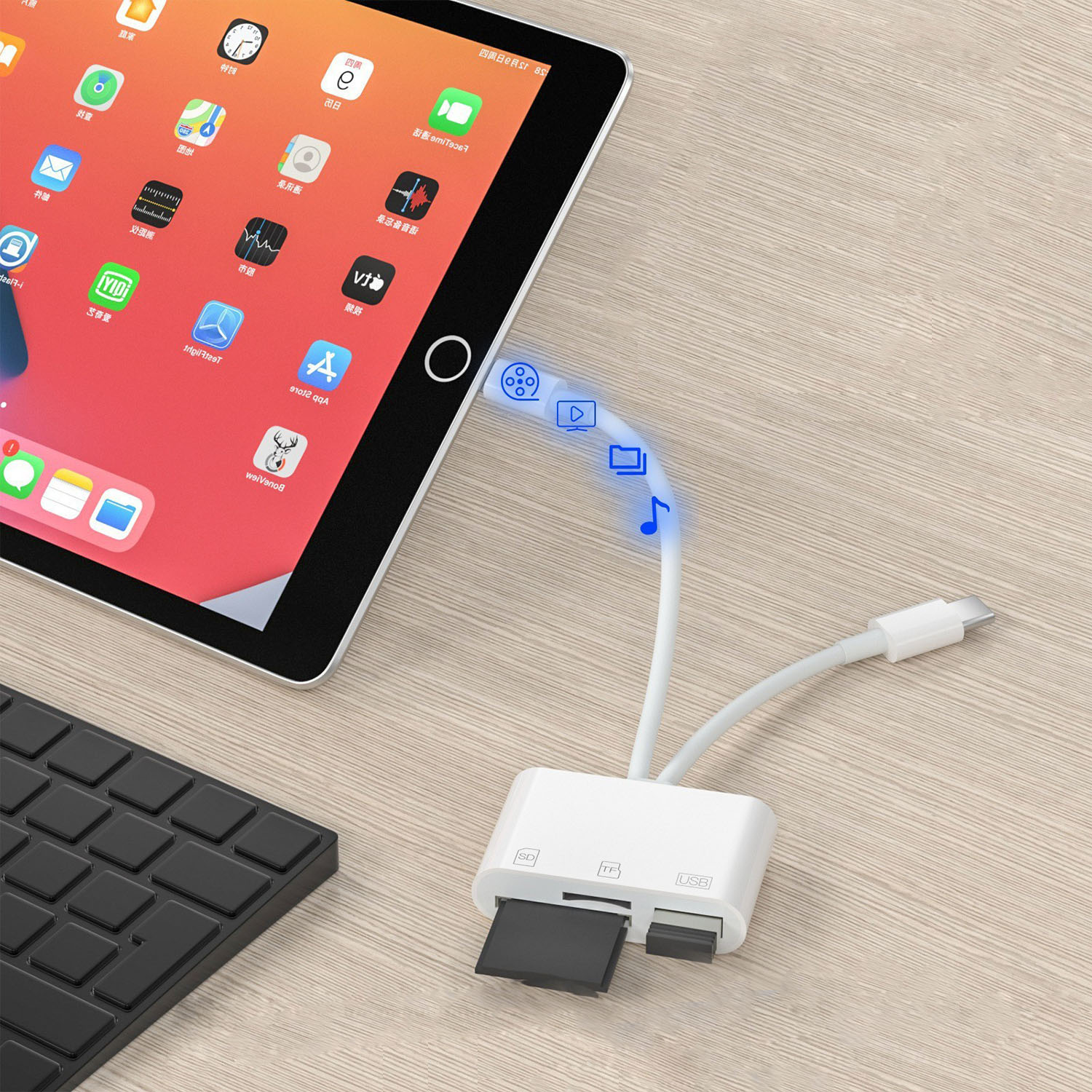 Tablet mit Hub mit Kabeln verbunden. Symbole auf dem Tablet-Bildschirm, USB- und SD-Kartensteckplätze sichtbar.