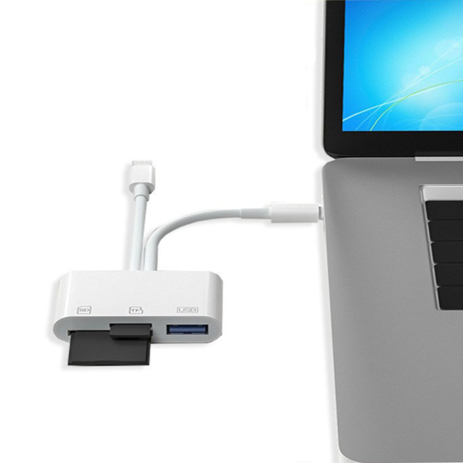 Weißer Adapter mit Laptop verbunden. SD-, TF- und USB-Anschlüsse sind sichtbar.