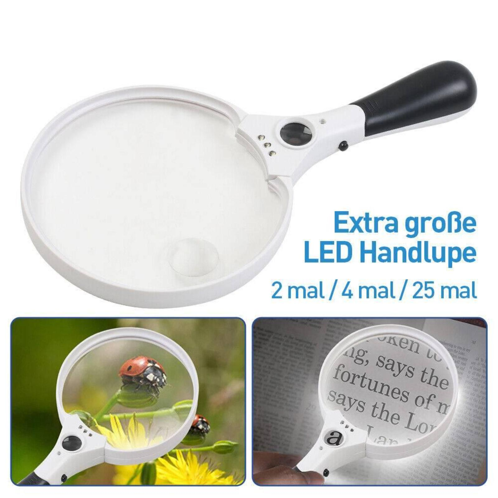 Handlupe mit schwarzem Griff und Text über LED-Leuchten und Vergrößerung.