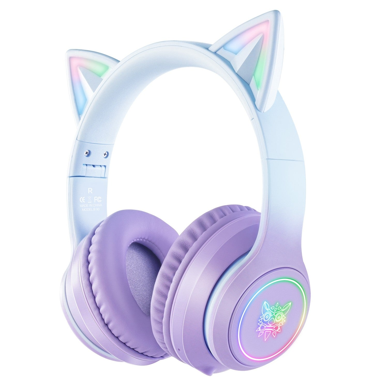 Cuffie bianche con orecchie di gatto, padiglioni viola e luci LED arcobaleno.