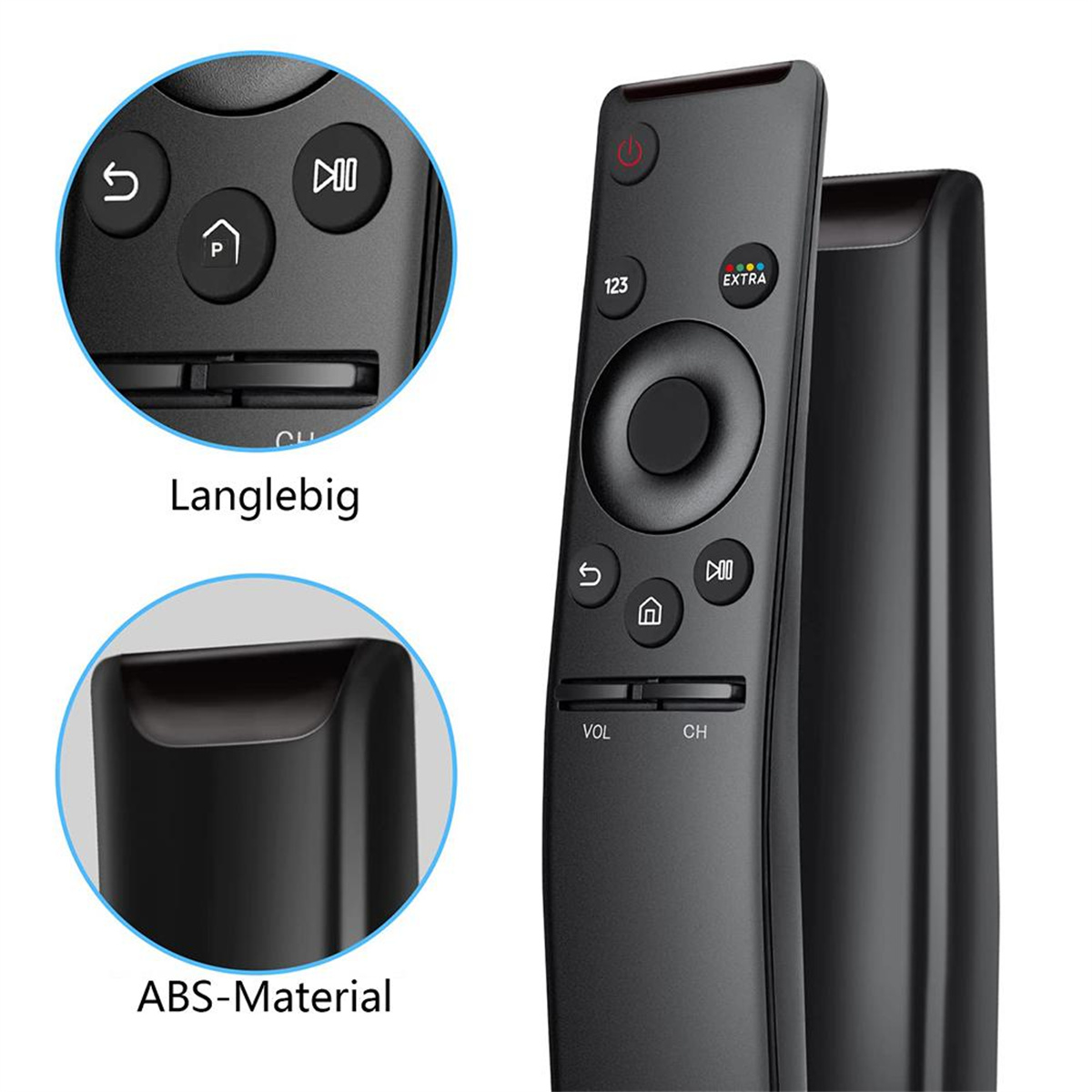 Schwarze Fernbedienung und eine schwarze Set-Top-Box. Nahaufnahmen der Funktionen der Fernbedienung.