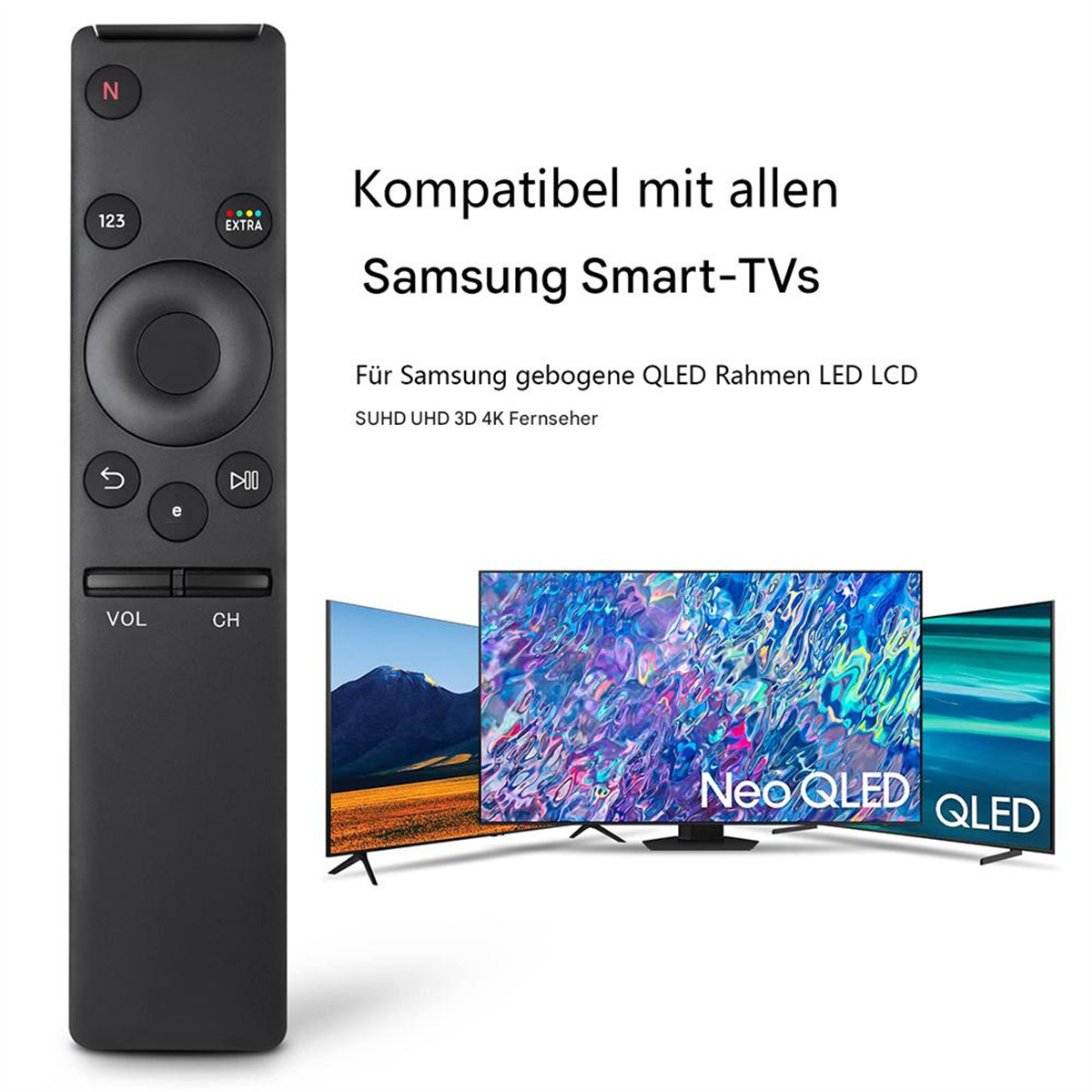 Schwarze Samsung-Fernbedienung neben Fernsehern, Text und Produktnamen.