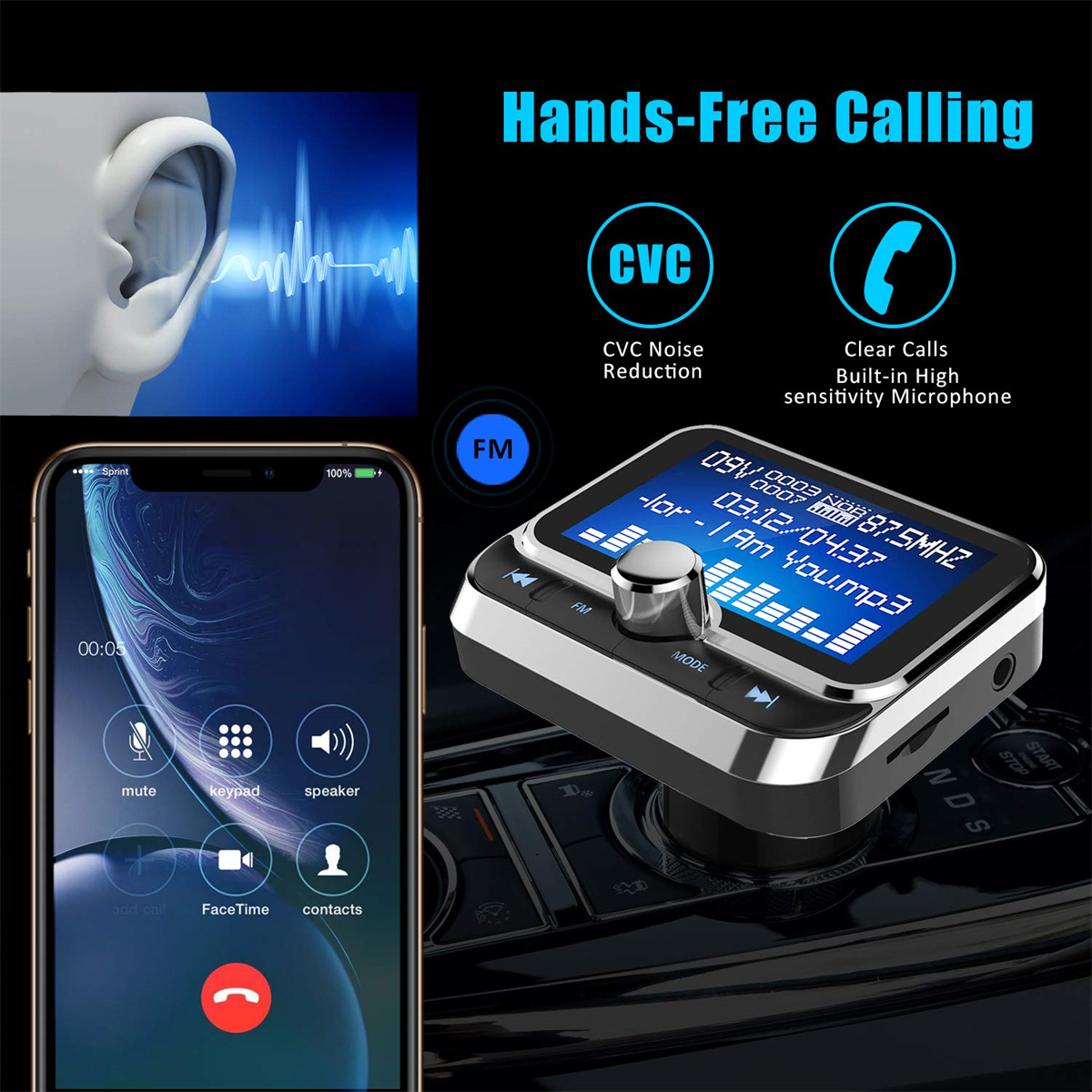 Auto-FM-Transmitter mit Display, ein iPhone im Gespräch und ein Ohr. Freisprechen ist das Thema.