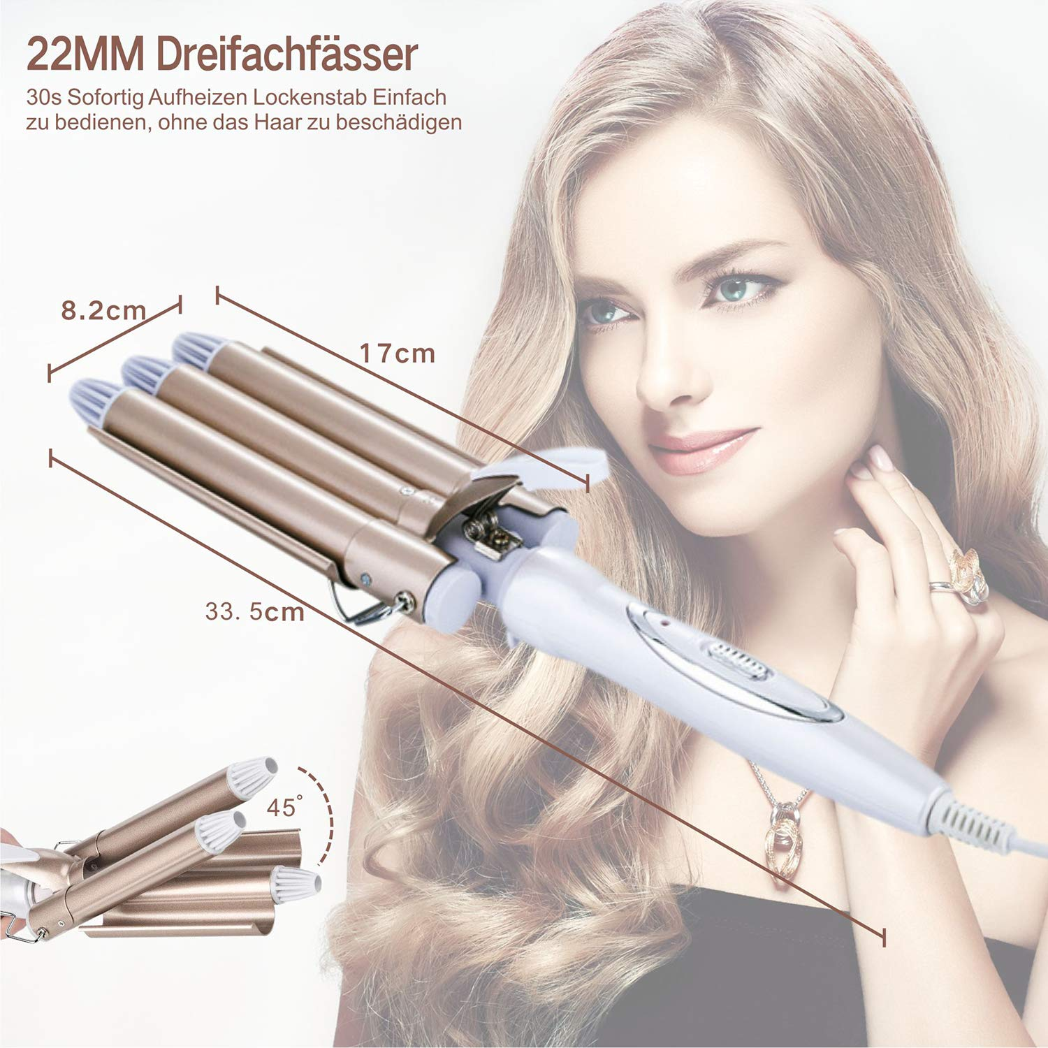 Haar-Lockenstab. Frau mit langen, welligen Haaren. Abmessungen und andere Merkmale werden gezeigt.