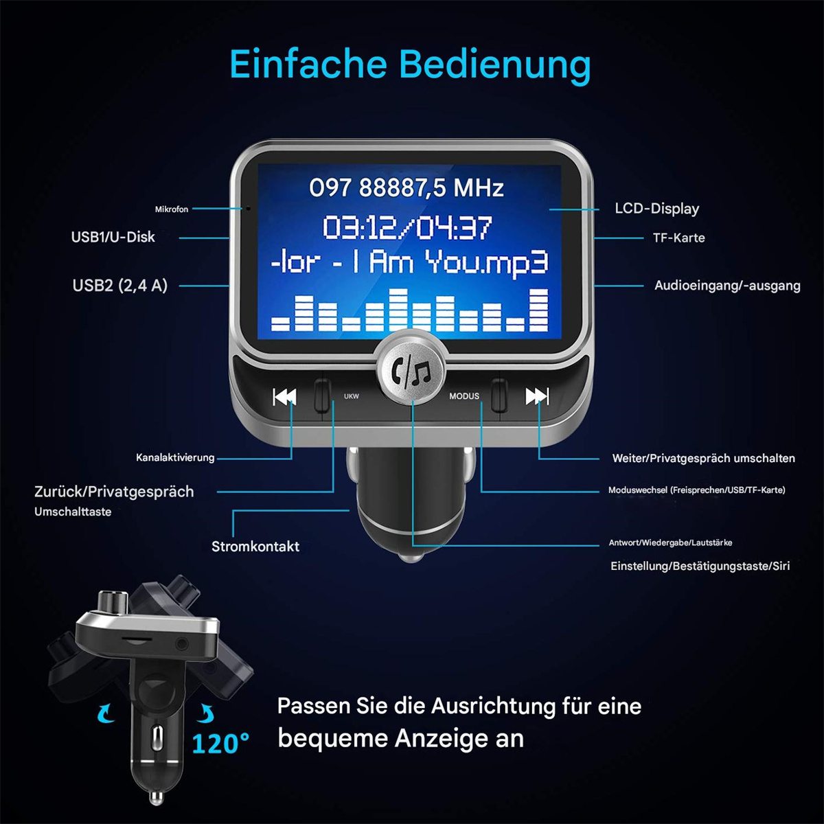 Schwarzer Kfz-FM-Transmitter mit Bildschirm, der Informationen und Bedienelemente anzeigt.