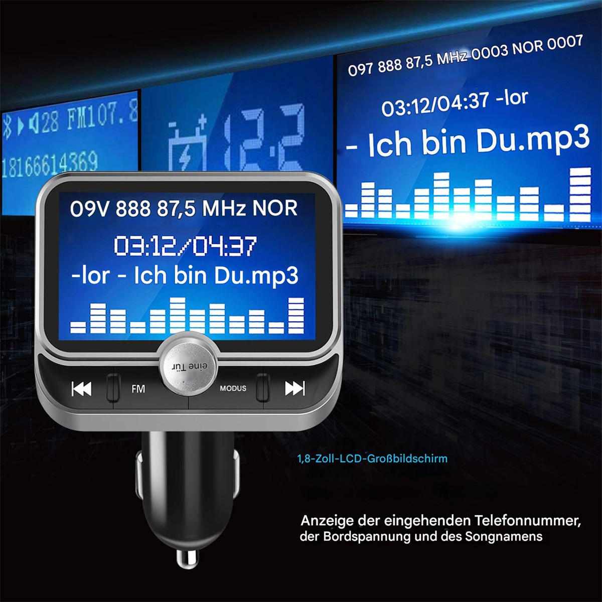 FM-Transmitter mit Bildschirm, der Zeit, Song-Informationen und Fahrzeugspannung anzeigt.